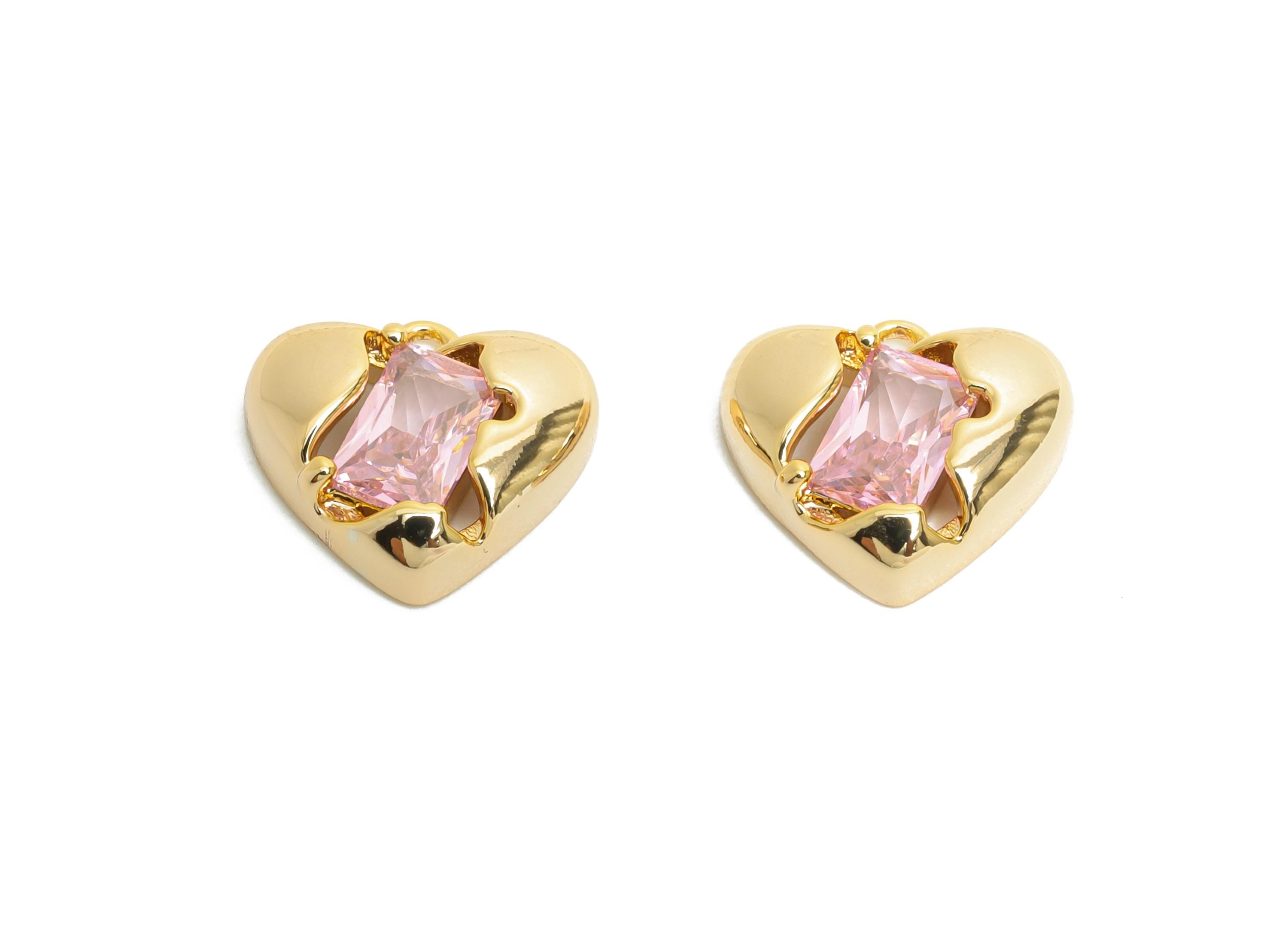 Brass Heart Earring Charm - Sparking Rectangle Faceted Cubic Zircon Charm - Romantic Jewelry - 18K Real Gold Plating - 11x10x3mm - RGP9899 - DOMEDBAZAAR