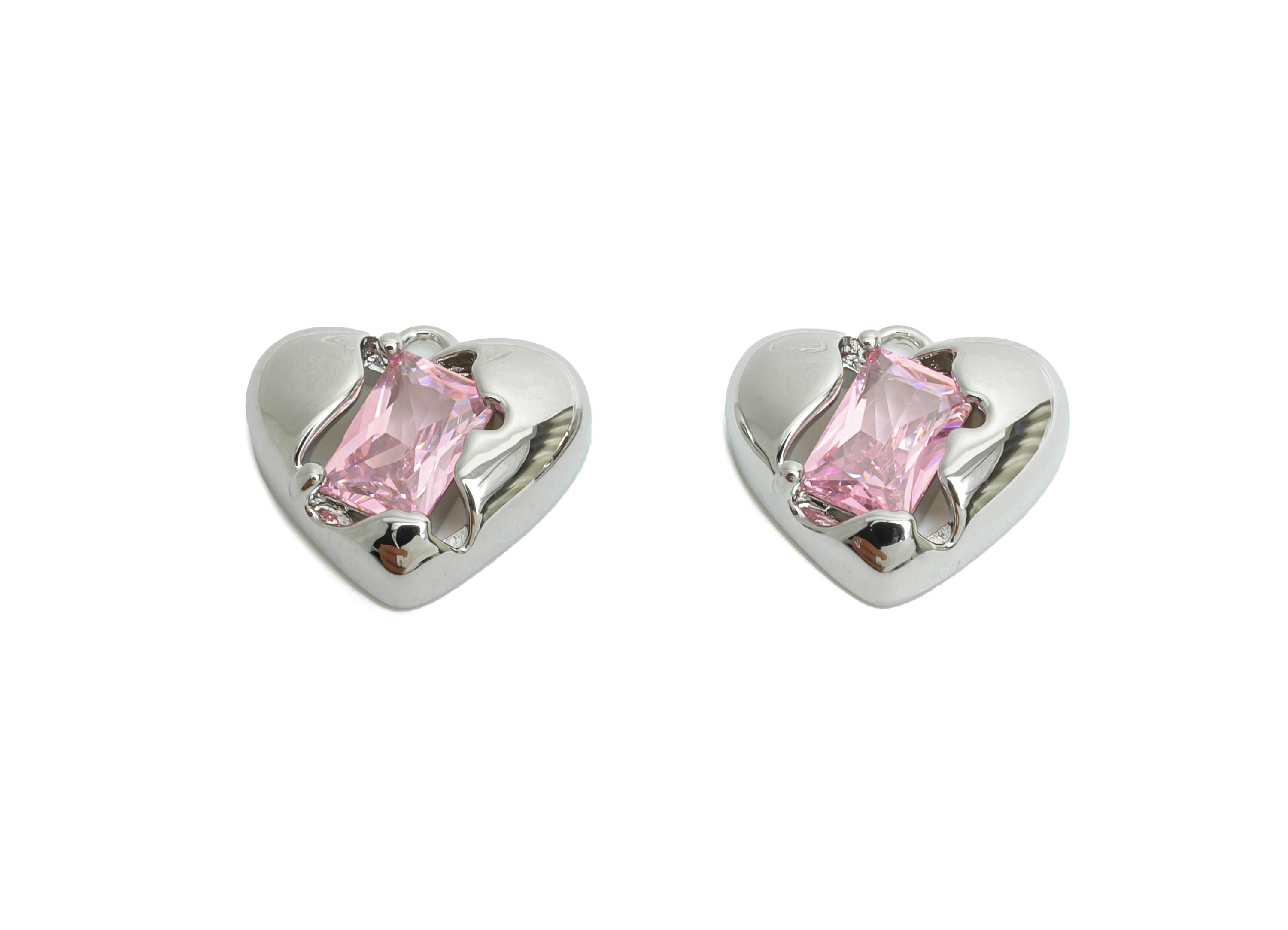 Brass Heart Earring Charm - Sparking Rectangle Cubic Zircon Charm - Romantic Jewelry - 18K Real White Gold Plating - 11x10x3mm - RGP9899S - DOMEDBAZAAR