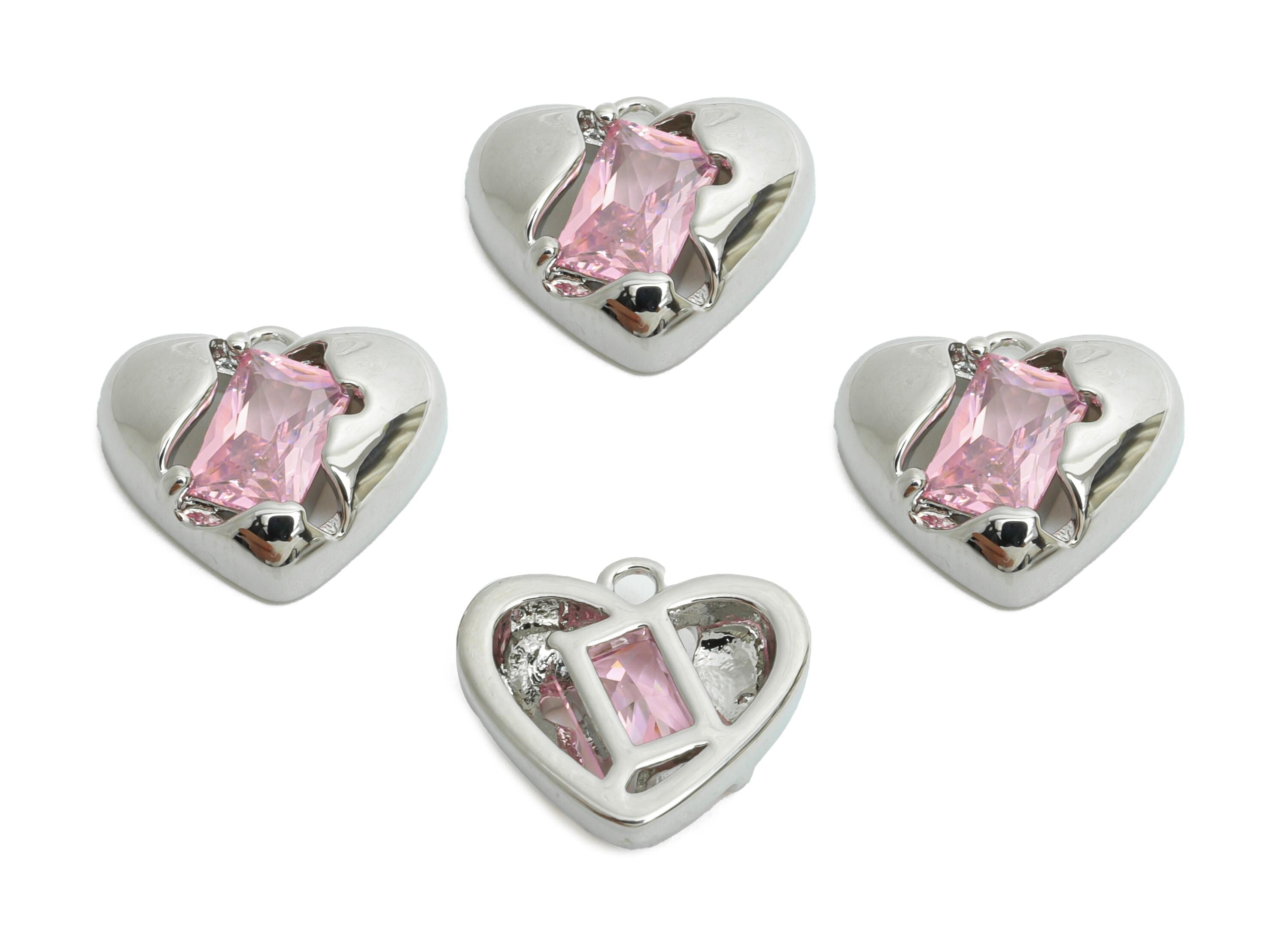 Brass Heart Earring Charm - Sparking Rectangle Cubic Zircon Charm - Romantic Jewelry - 18K Real White Gold Plating - 11x10x3mm - RGP9899S - DOMEDBAZAAR