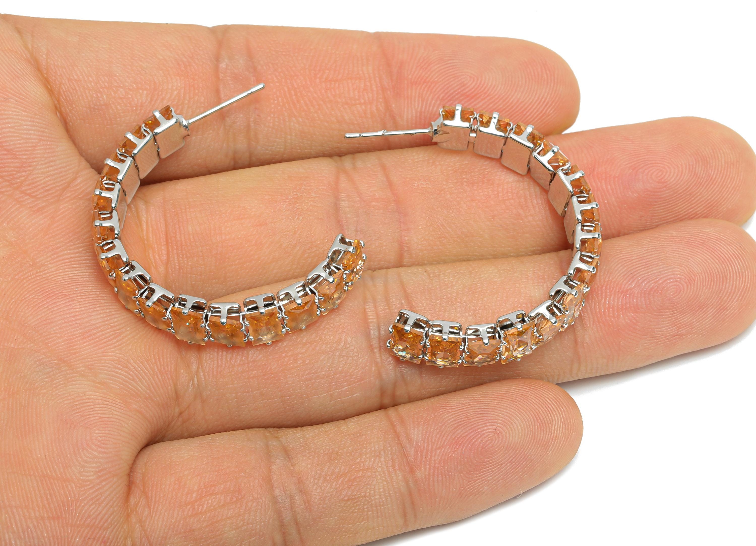 Sparkling C Hoop Post - Inlay Rectangle Rose Gold Glass Earring - Refined Silver Brass Jewelry - 18K White Gold Plated - 35x24x7mm -RGP9951S - DOMEDBAZAAR