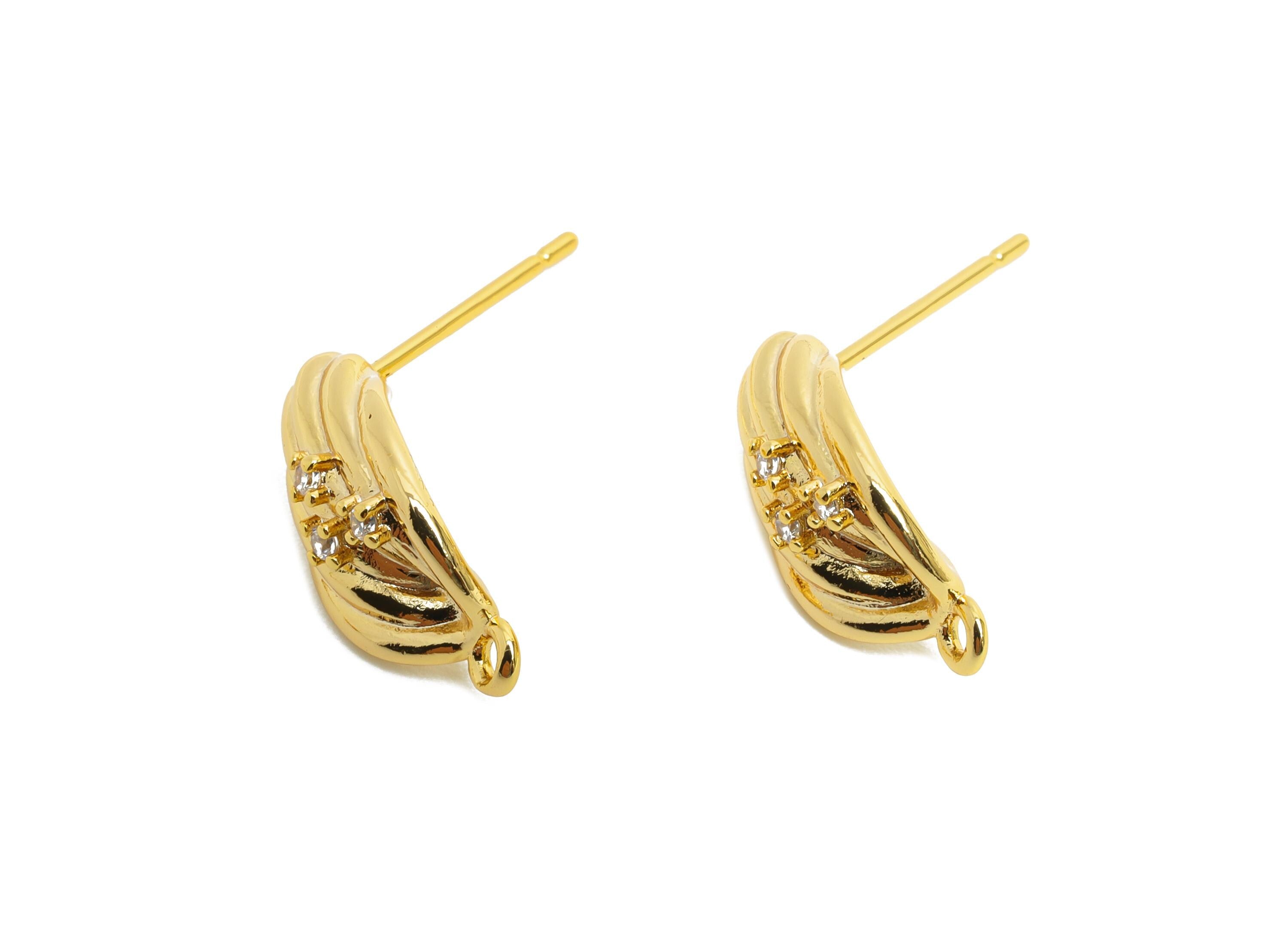 Twisted Brass CZ Post - Textured Zircon Gold Studs with Loop - Modern Geometric Jewelry - 18K Real Gold Plated - 15.3x8.2x5.3mm - RGP9907 - DOMEDBAZAAR