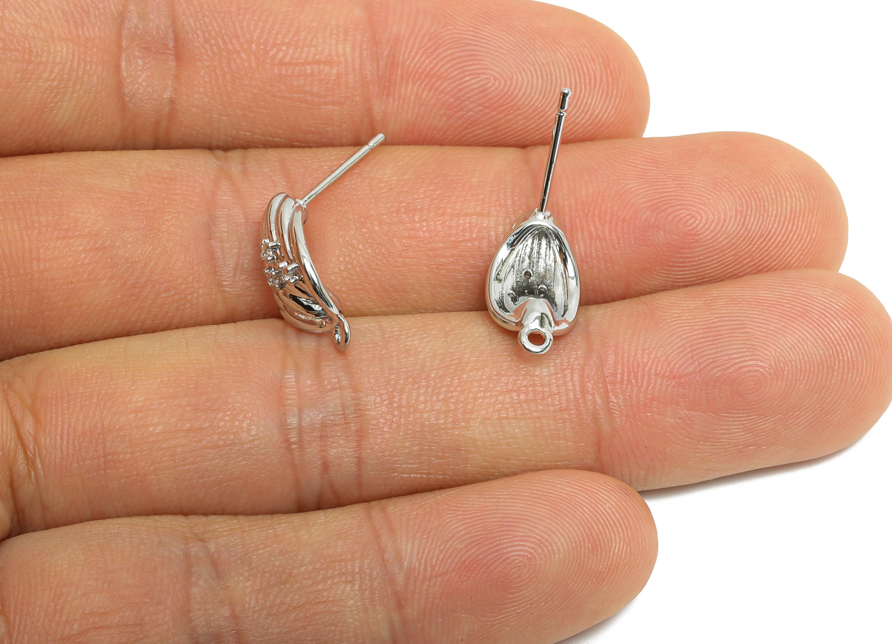 Twisted Brass CZ Post - Textured Zircon Silver Stud with Loop - Modern Geometric Jewelry - 18K White Gold Plated - 15.3x8.2x5.3mm - RGP9907S - DOMEDBAZAAR