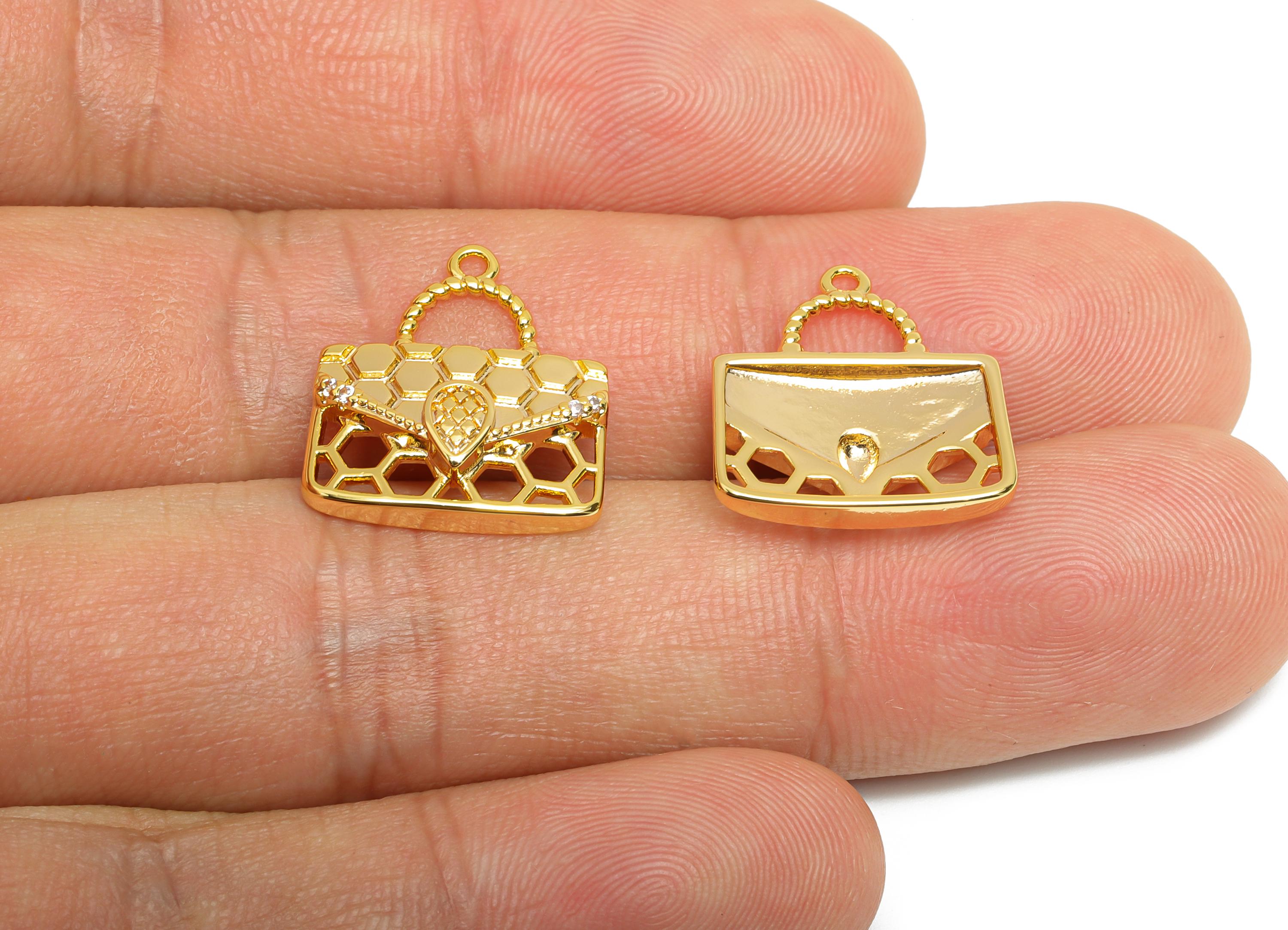 Brass Zircon Handbag Charm - Brass Zircon Hollow Elegant Bag Pendant - Gold Fashionable Charm - 18k Real Gold Plating - 17x15x3mm - RGP10395 - DOMEDBAZAAR