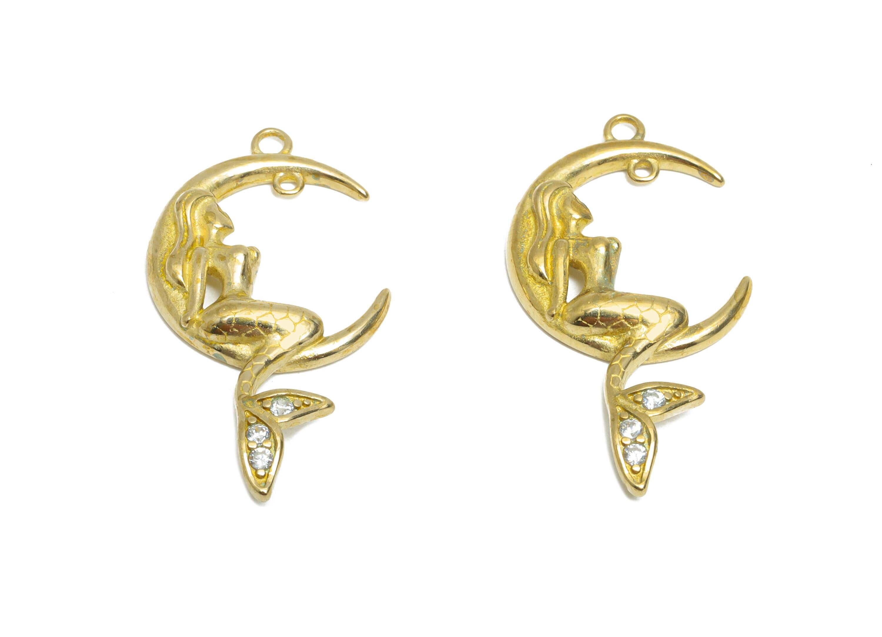 Luxury Mermaid Charm - Raw Brass Crescent Mermaid Pendant - CZ Sparkling Mermaid Lover Gift - Feminine Energy Accessory - 29x15x3mm-PP11070 - DOMEDBAZAAR