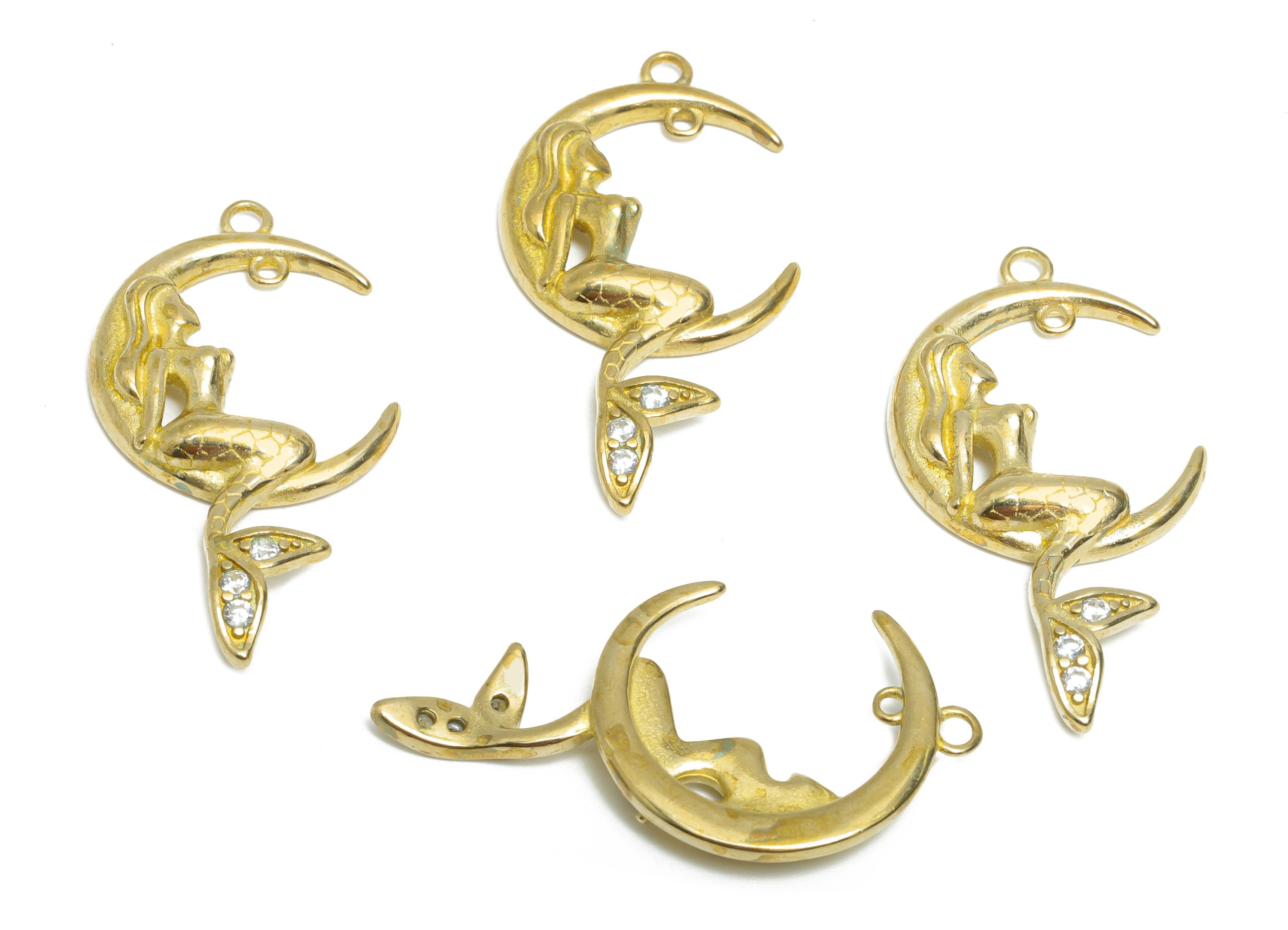 Luxury Mermaid Charm - Raw Brass Crescent Mermaid Pendant - CZ Sparkling Mermaid Lover Gift - Feminine Energy Accessory - 29x15x3mm-PP11070 - DOMEDBAZAAR