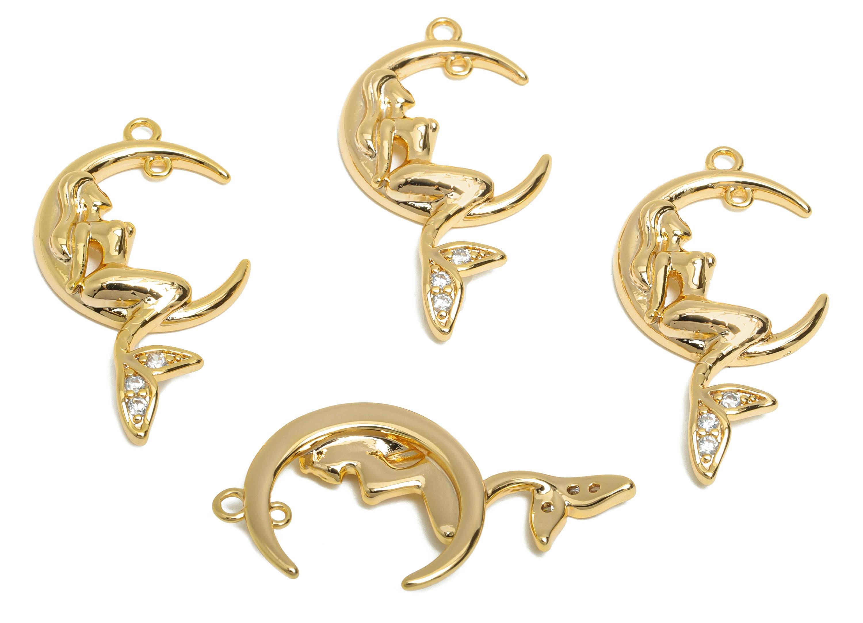 Mermaid Earring Charm - Brass Crescent Pendant - CZ Sparkling Lover Gift - Feminine Energy Charm - 18k Real Gold Plated -29x15x3mm-RGP10411 - DOMEDBAZAAR