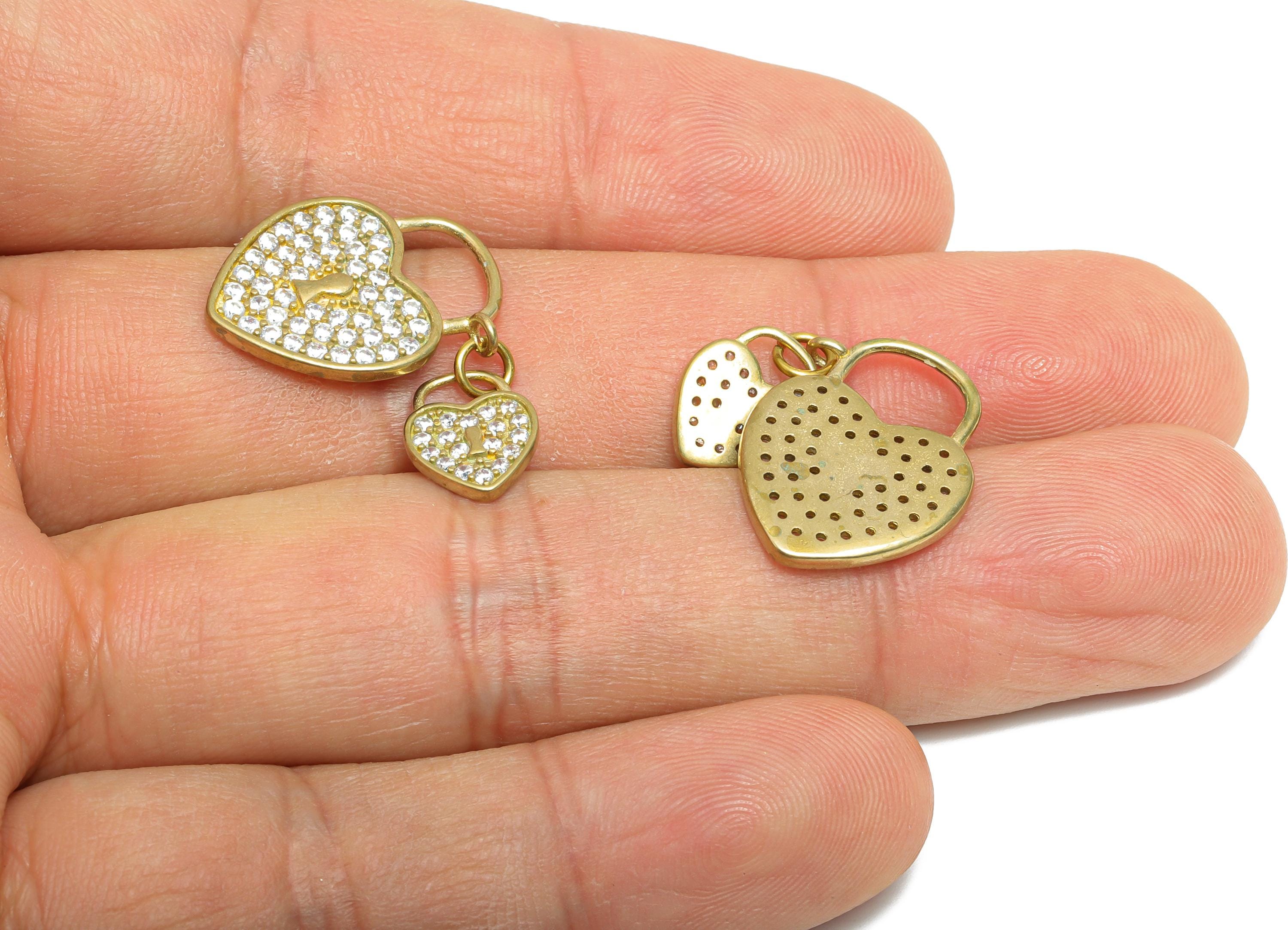 Love Lock Pendant Charm - Raw Brass Sparkling Heart Pendant - CZ Couple's Jewelry Charm - Romantic Crystal Lock Charm - 19x23x2mm - PP11055 - DOMEDBAZAAR