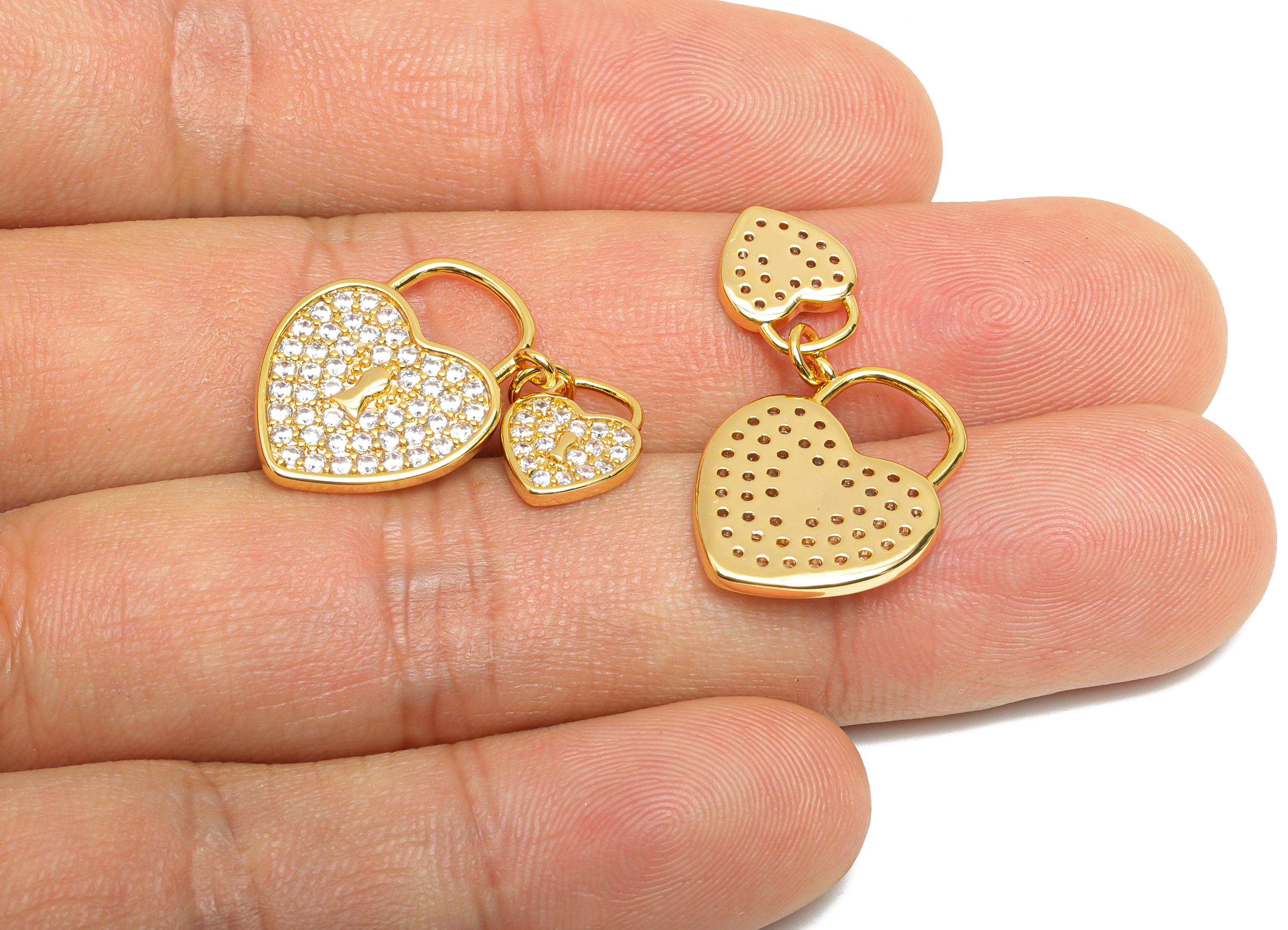 Brass Lock Charm - Brass Sparkling Heart Pendant - CZ Romantic Crystal Couple's Jewelry Charm - 18k Real Gold Plated - 19x23x2mm - RGP10399 - DOMEDBAZAAR