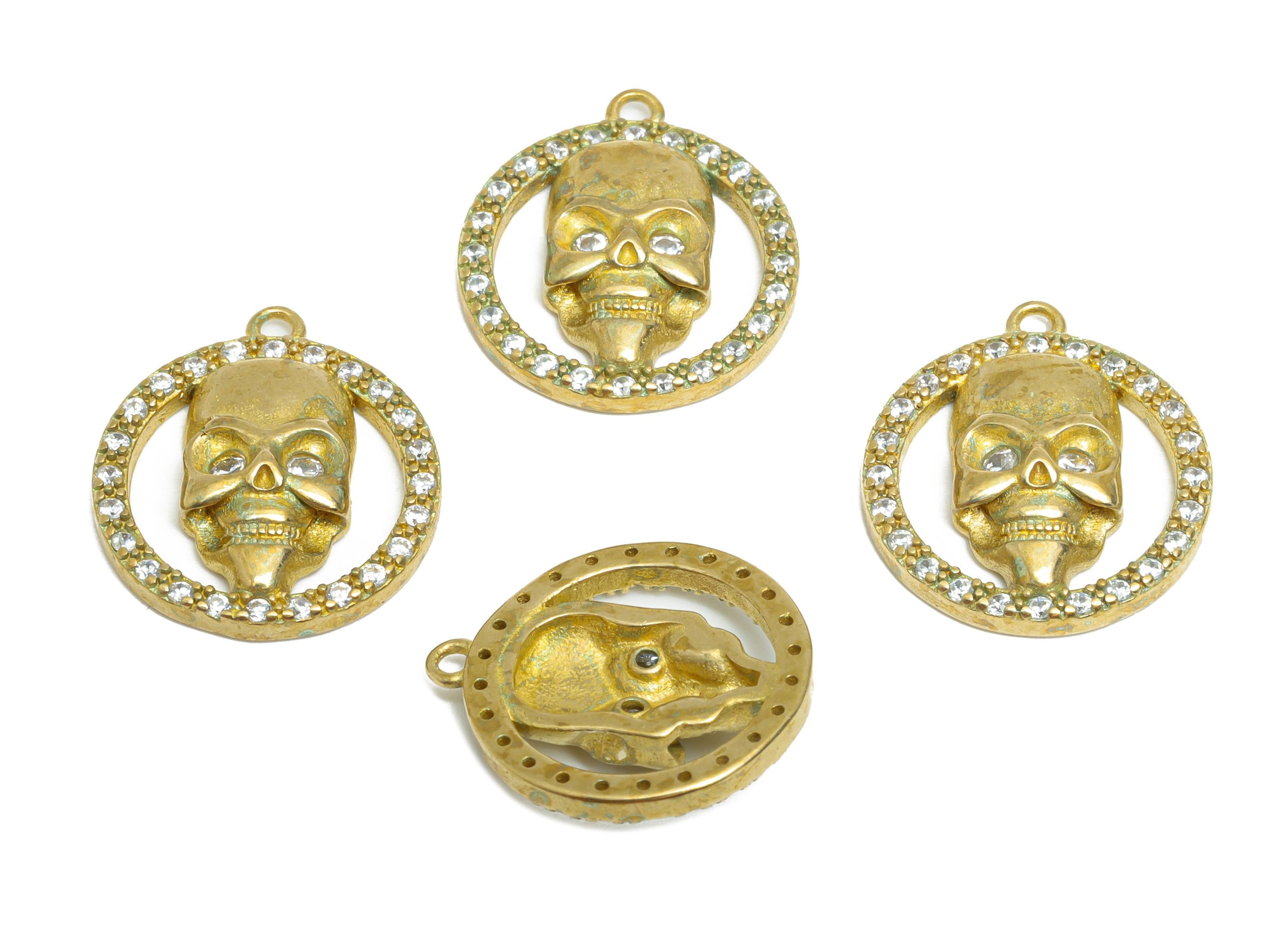 Spooky Skull Earring Charm - Raw Brass Sparkling Heart Pendant - Vintage Gothic Style Charm - Rocker Style Pendant - 19x23x2mm - PP11052 - DOMEDBAZAAR