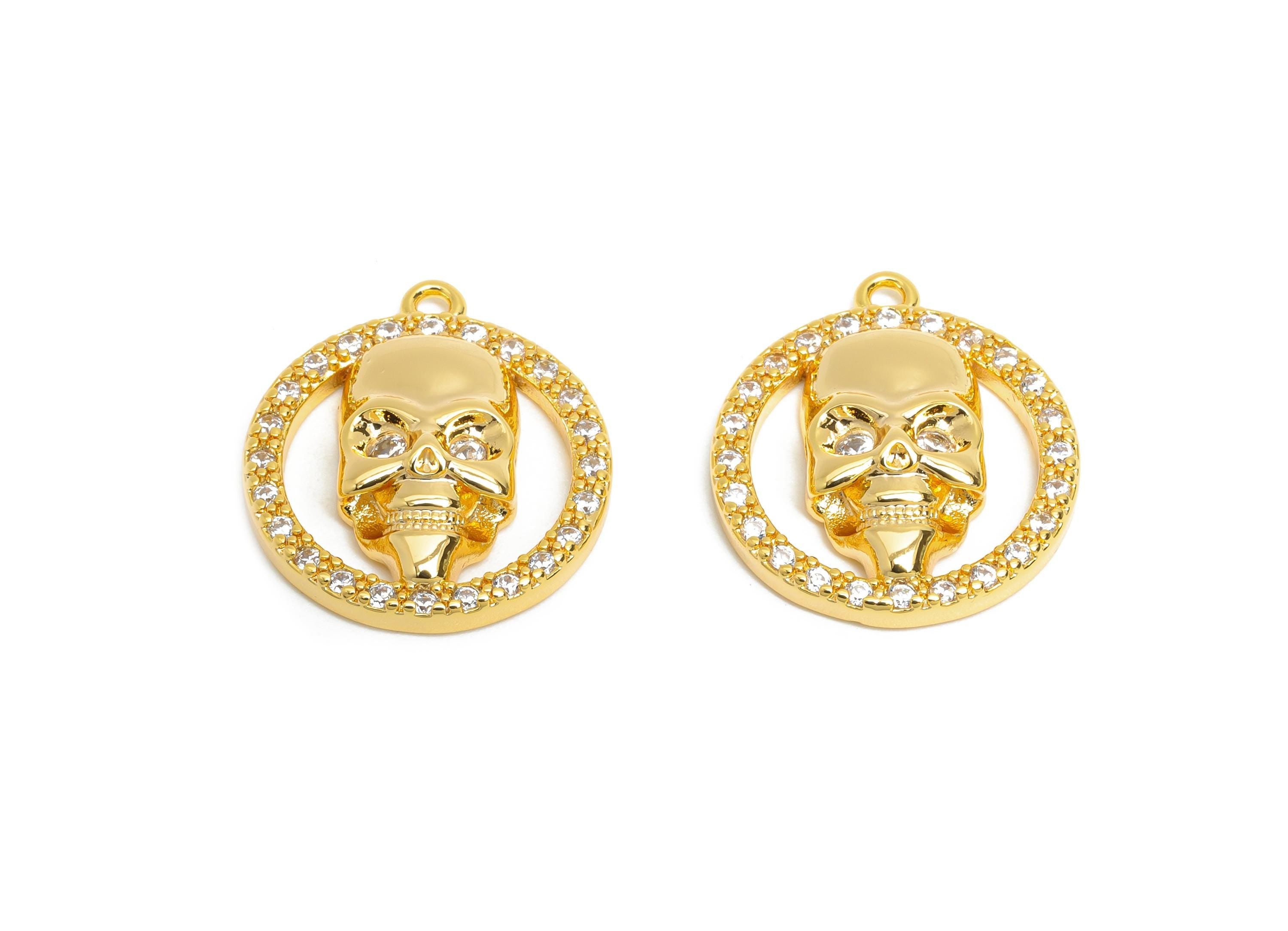 Spooky Skull Charm - Brass Sparkling Heart Pendant - Vintage Gothic Charm - Rocker Style Pendant - 18k Real Gold Plated - 19x23x2mm-RGP10396 - DOMEDBAZAAR