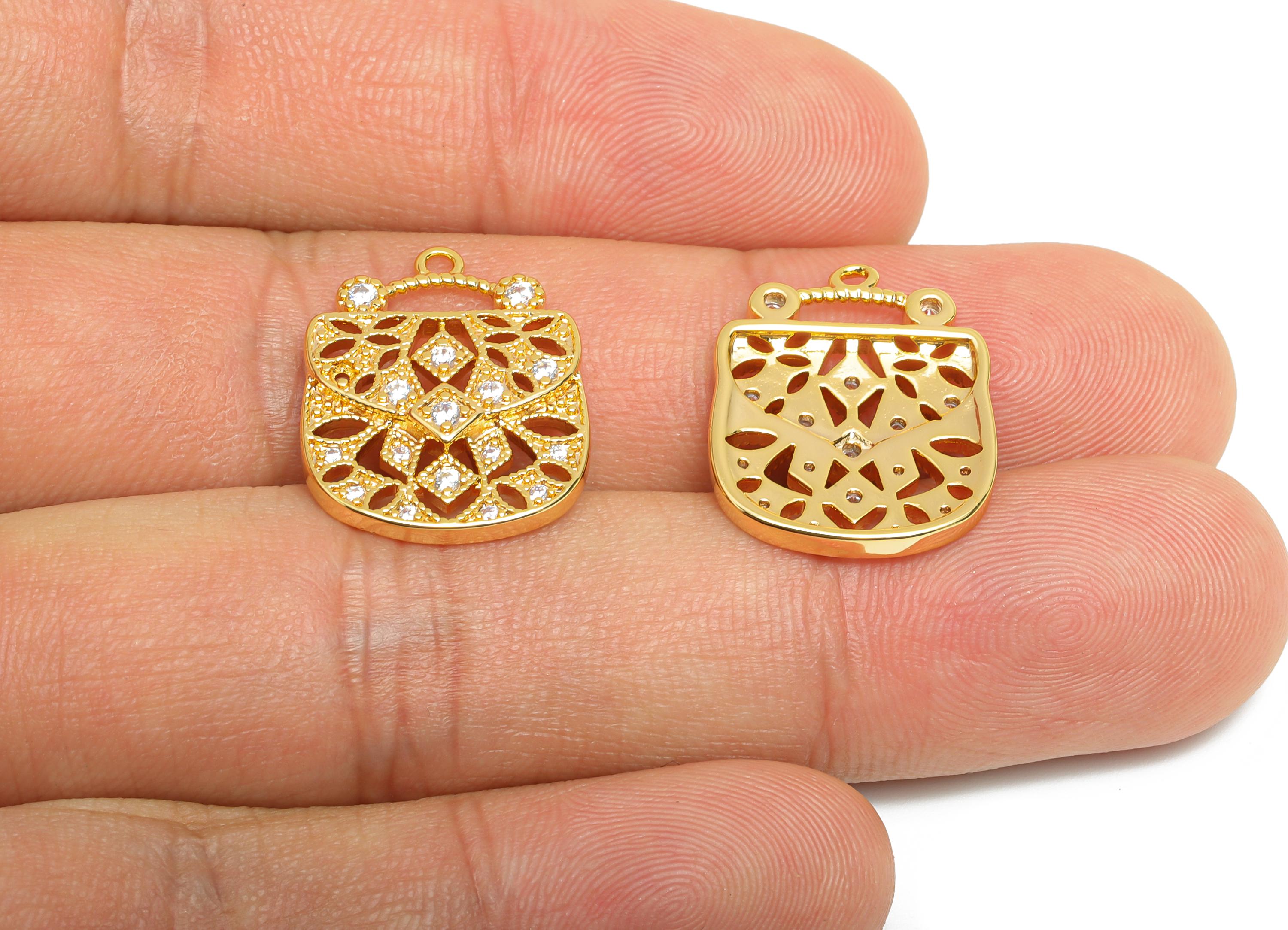 Brass Handbag Charm - Brass Glamorous Zircon Elegant Bag Pendant - Sparkling Fashionable Charm - 18K Real Gold Plated - 20x16x2mm - RGP10397 - DOMEDBAZAAR