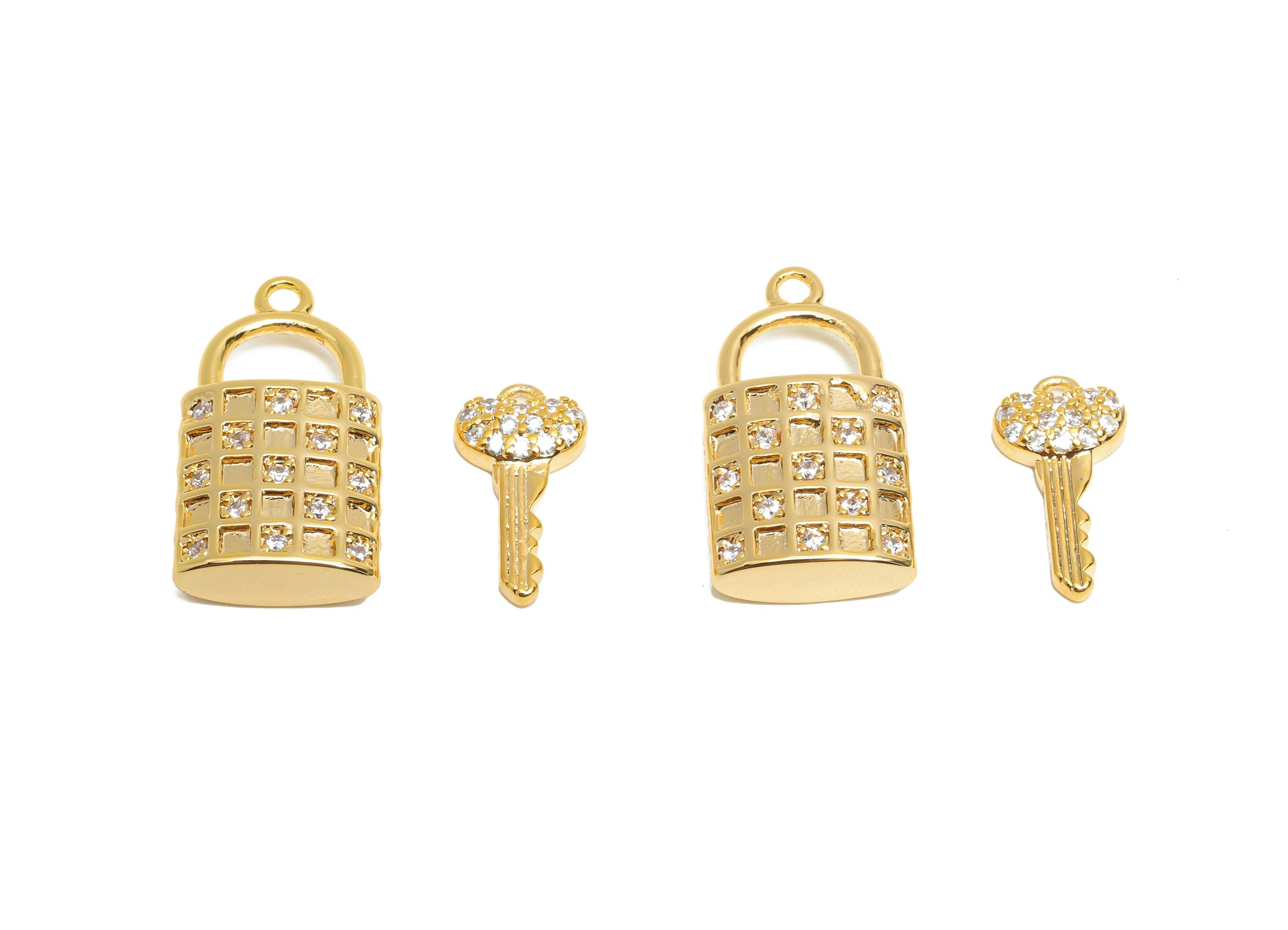 Lock and Key Charm Set - Brass Decorative Lock and Key Jewelry - Jewelry for Love and Trust Charm - 18K Real Gold Plated - 18x9x3mm-RGP10406 - DOMEDBAZAAR
