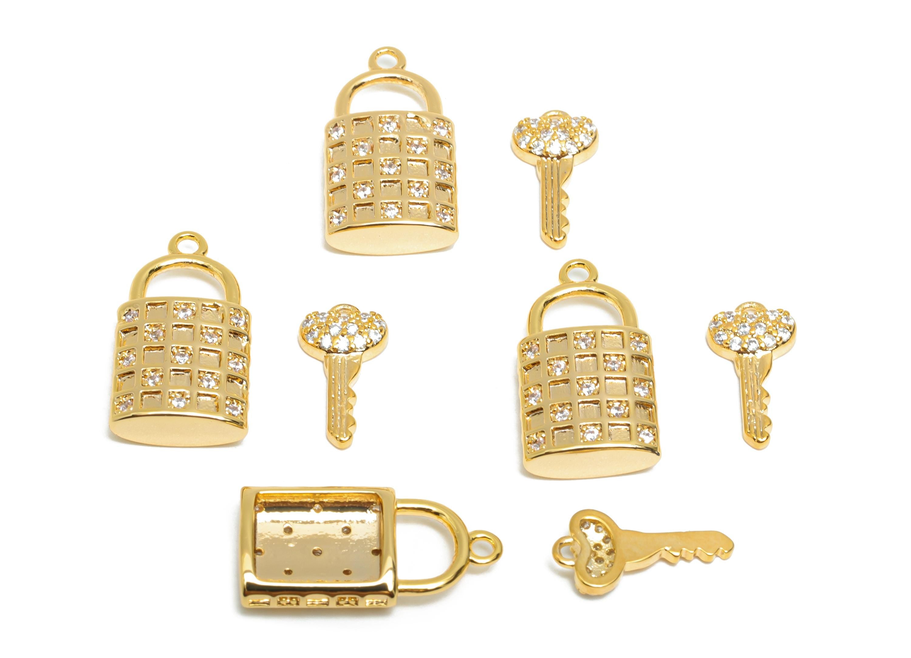 Lock and Key Charm Set - Brass Decorative Lock and Key Jewelry - Jewelry for Love and Trust Charm - 18K Real Gold Plated - 18x9x3mm-RGP10406 - DOMEDBAZAAR