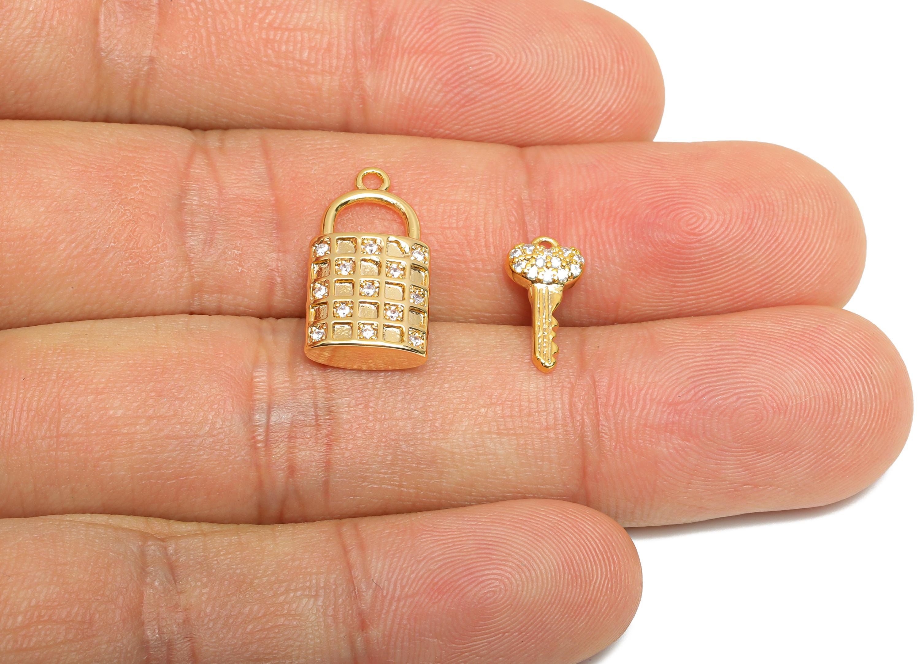 Lock and Key Charm Set - Brass Decorative Lock and Key Jewelry - Jewelry for Love and Trust Charm - 18K Real Gold Plated - 18x9x3mm-RGP10406 - DOMEDBAZAAR