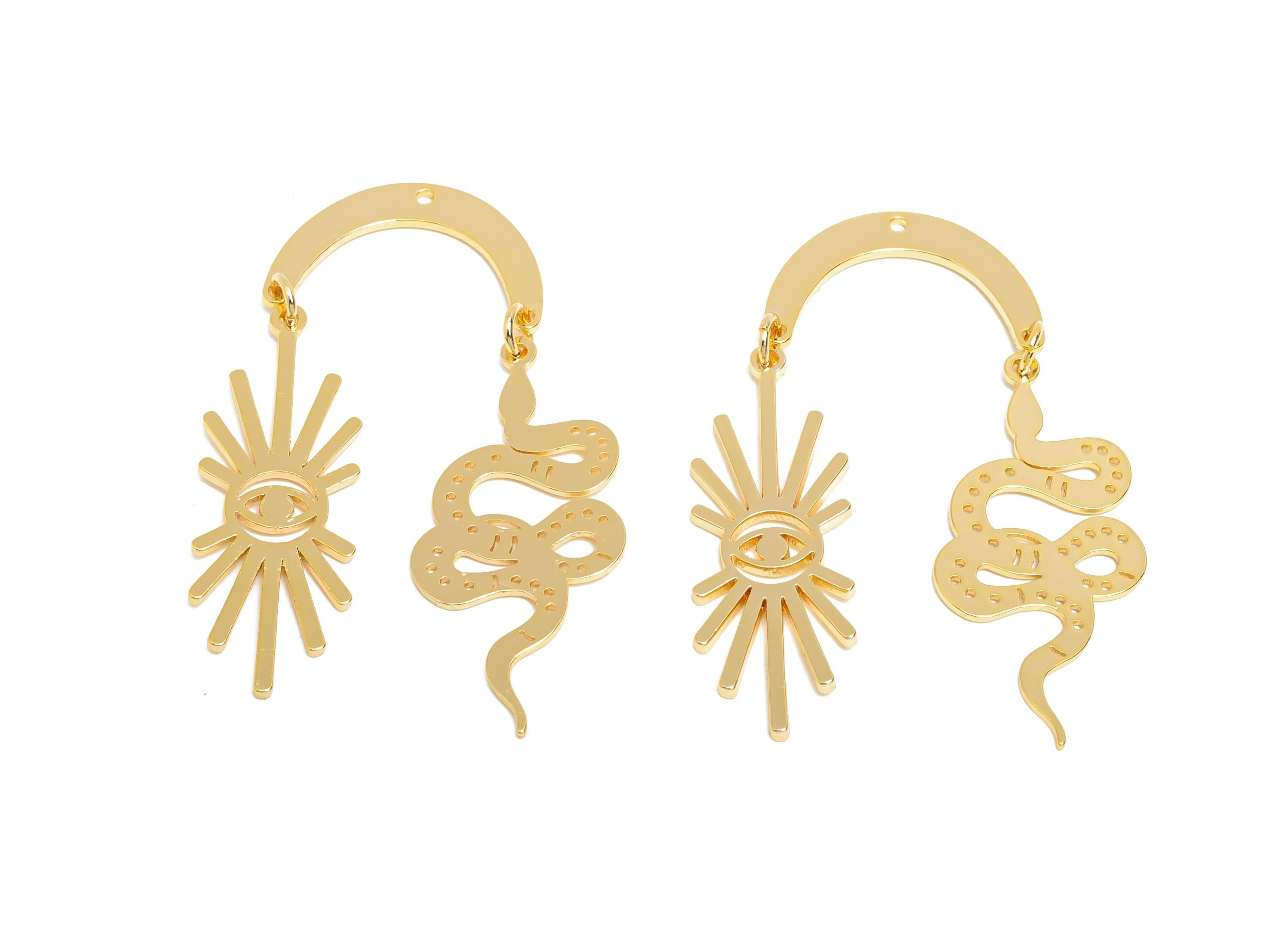 Snake Earring Dangle Charm - Brass Illuminating Sunburst Eye Charm - 18k Real Gold Plating - All Seeing Eye Amulet - 44x19x0.9mm - RGP10414 - DOMEDBAZAAR