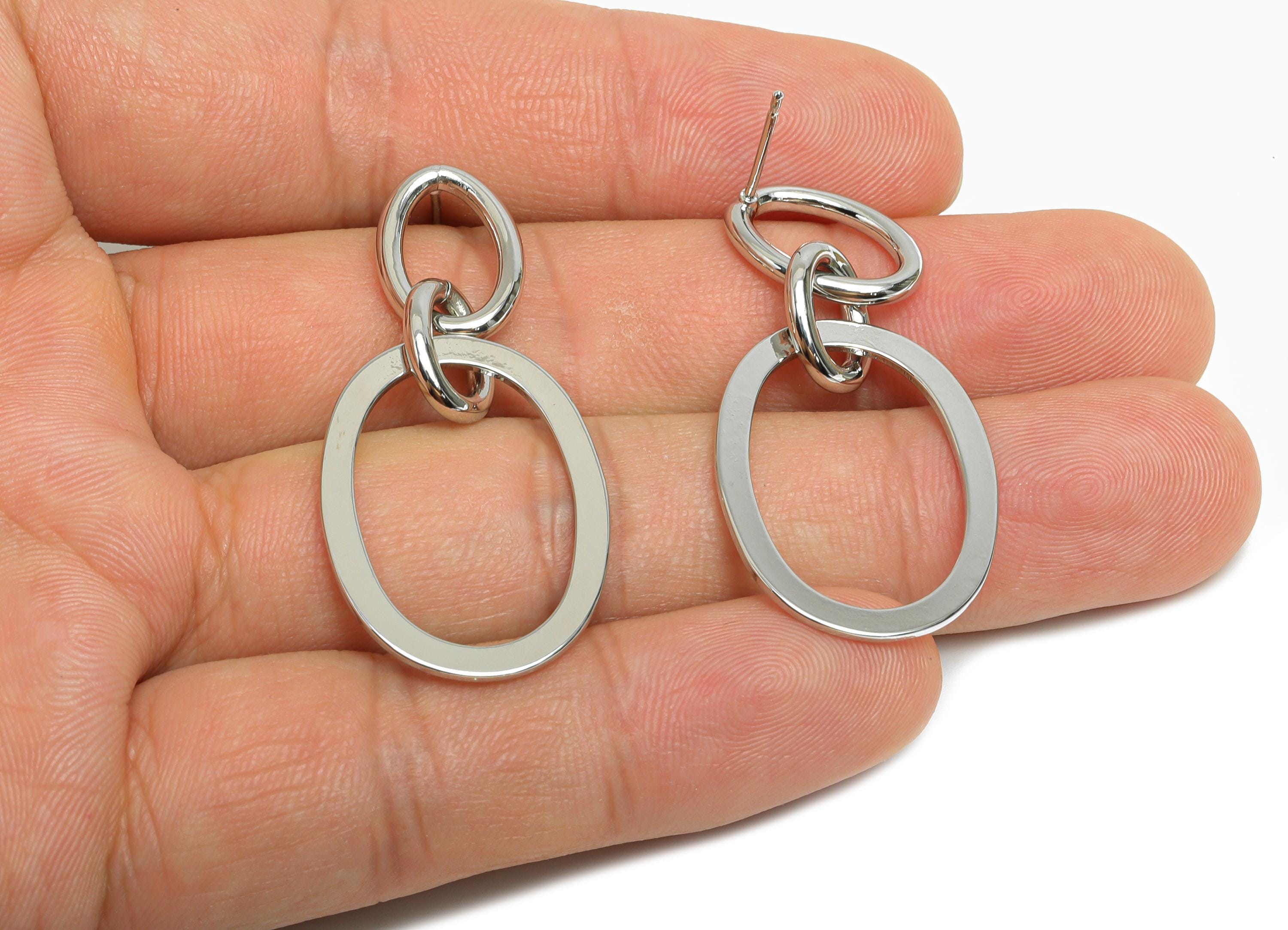 Brass Oval Ring Dangle Earring - Silver Interlock Oval Earring - Geometric Hanging Earring Post - 18K White Gold Plated -41x20x1mm -RGP9532S - DOMEDBAZAAR