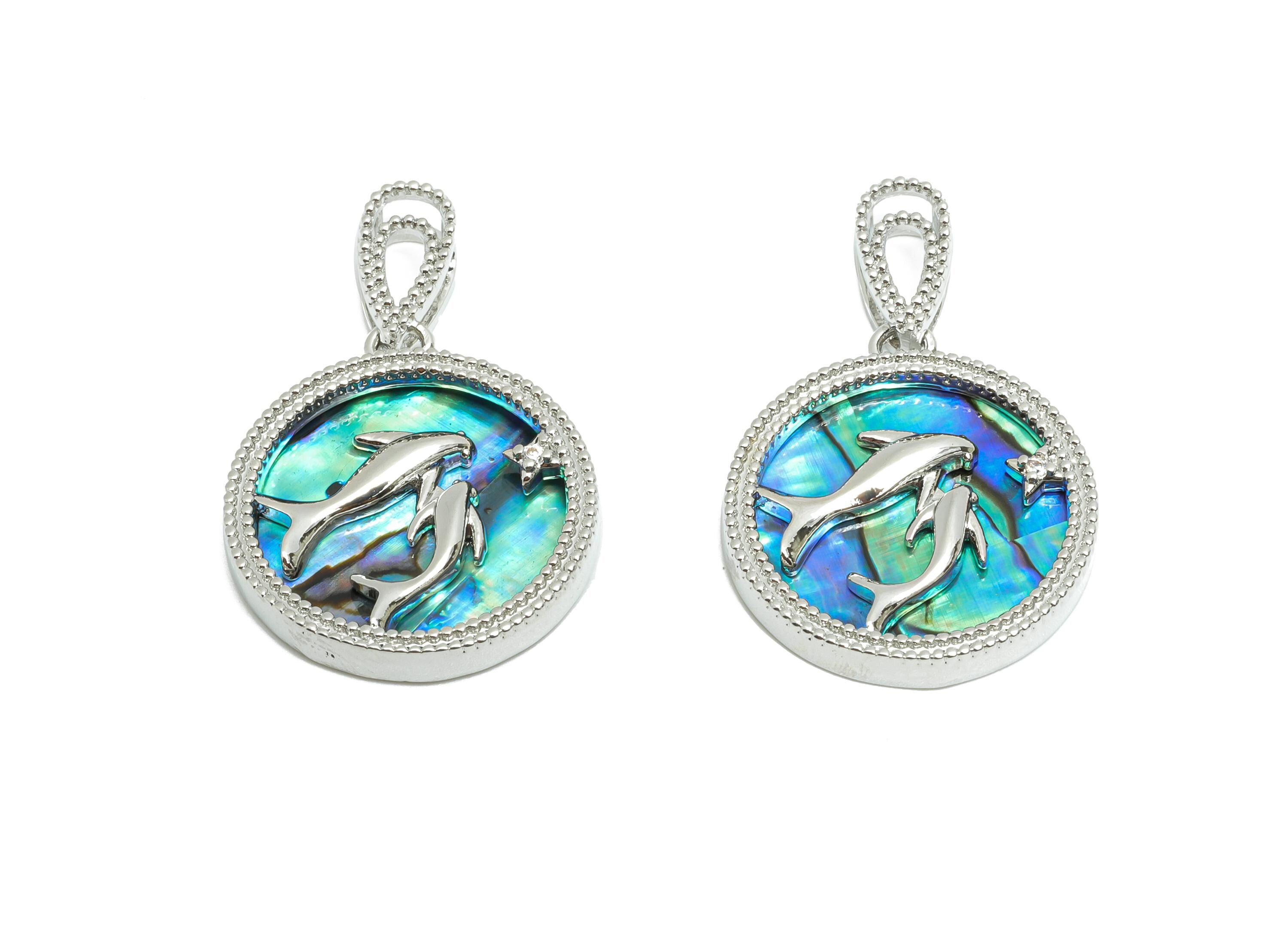 Brass CZ Dolphin Pendant - Round Abalone Shell Pendant - Refined Necklace Jewelry - 18K White Gold-Plated - 25.52x16.77x2.82mm - RGP10639 - DOMEDBAZAAR