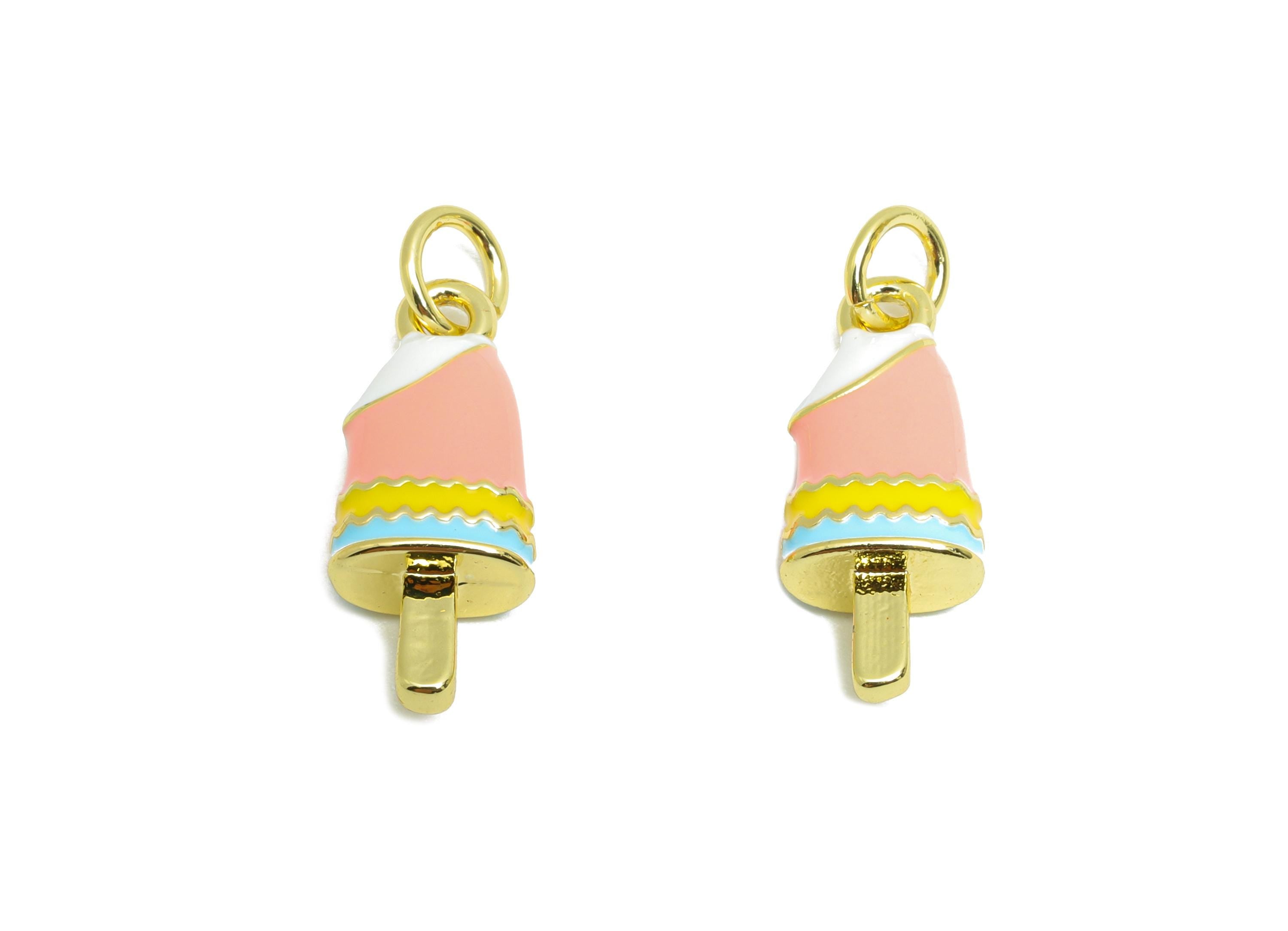 Brass Ice Cream Bracelet Charm - Colorful Enamel Popsicle Pendant - Fun Summer Jewelry - 18K Real Gold-Plated - 16.6x7.47x4.47mm -RGP10535 - DOMEDBAZAAR
