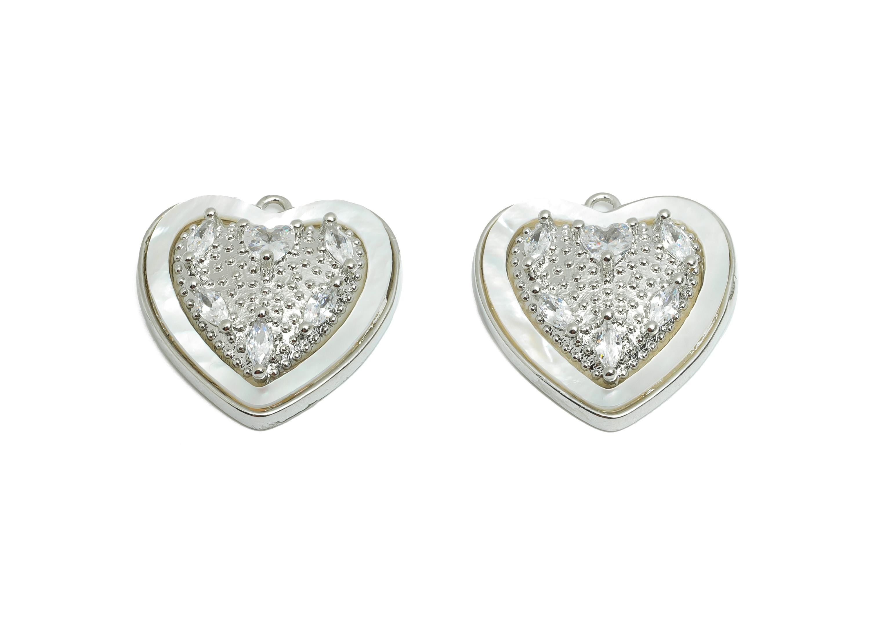 Sparkling CZ Heart Earring Charm - Brass Shell Pendant for Necklace - Refined Jewelry - 18K White Gold-Plated - 20.8x20.26x6.4mm - RGP10691 - DOMEDBAZAAR