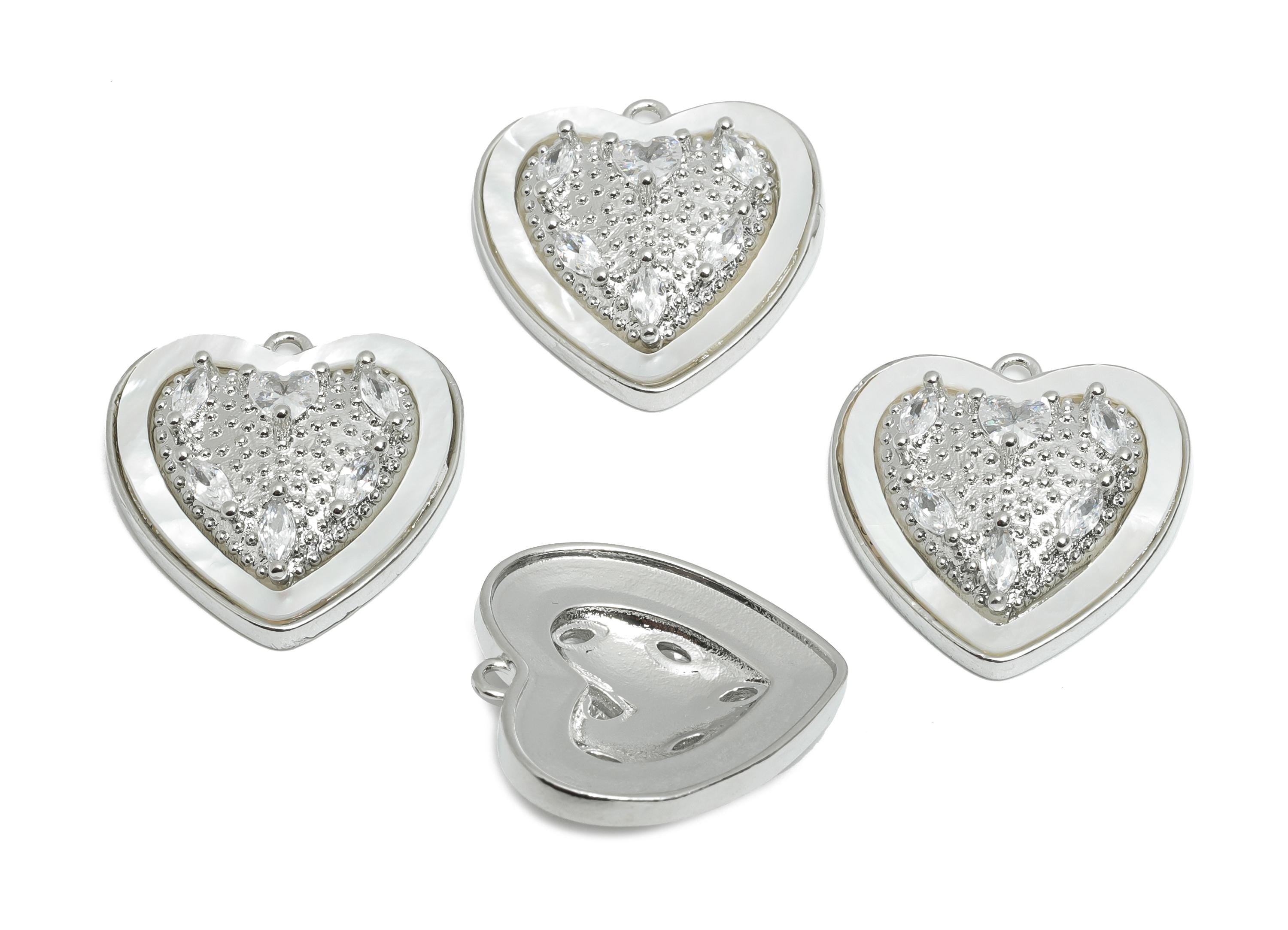 Sparkling CZ Heart Earring Charm - Brass Shell Pendant for Necklace - Refined Jewelry - 18K White Gold-Plated - 20.8x20.26x6.4mm - RGP10691 - DOMEDBAZAAR