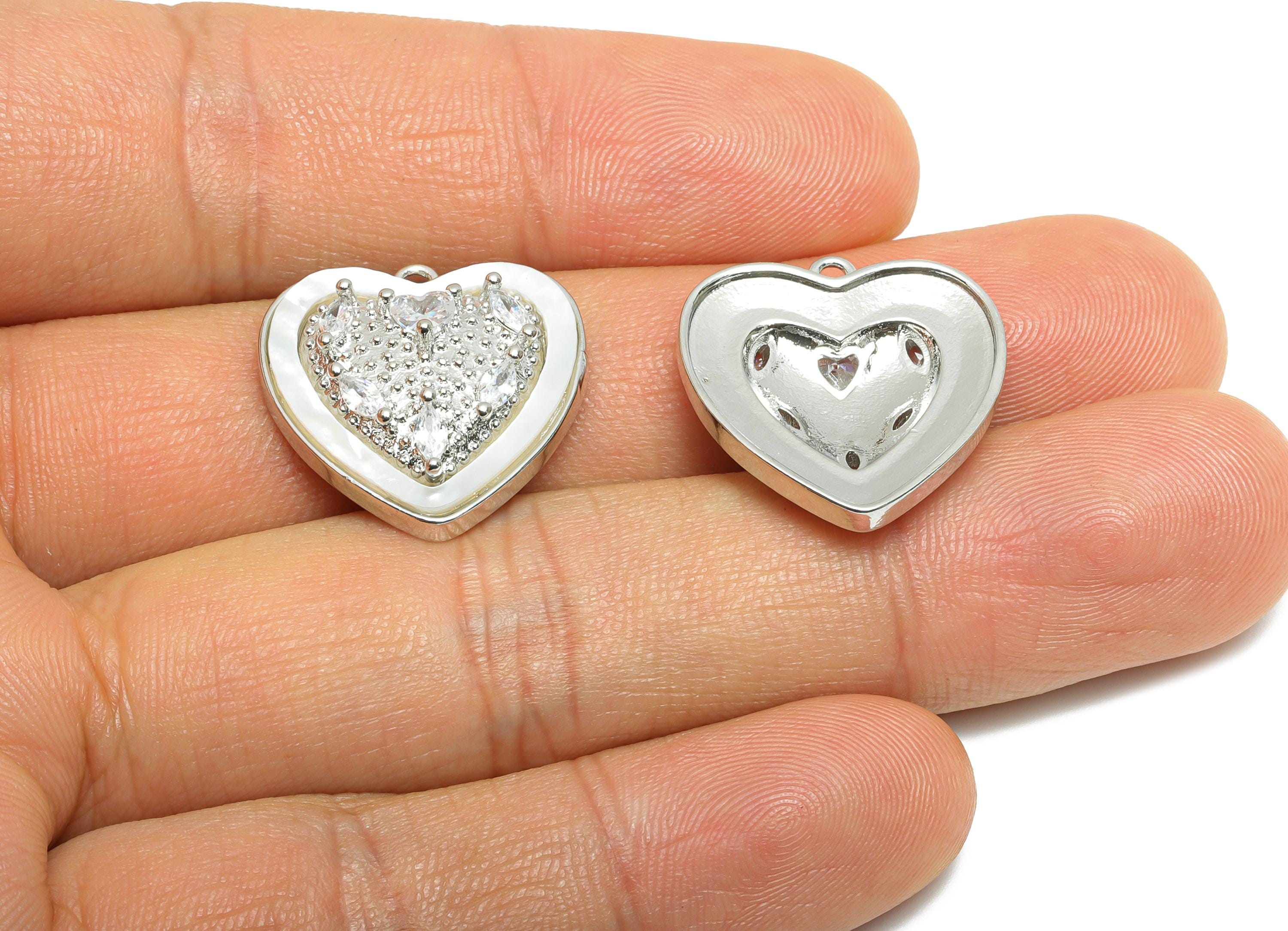 Sparkling CZ Heart Earring Charm - Brass Shell Pendant for Necklace - Refined Jewelry - 18K White Gold-Plated - 20.8x20.26x6.4mm - RGP10691 - DOMEDBAZAAR