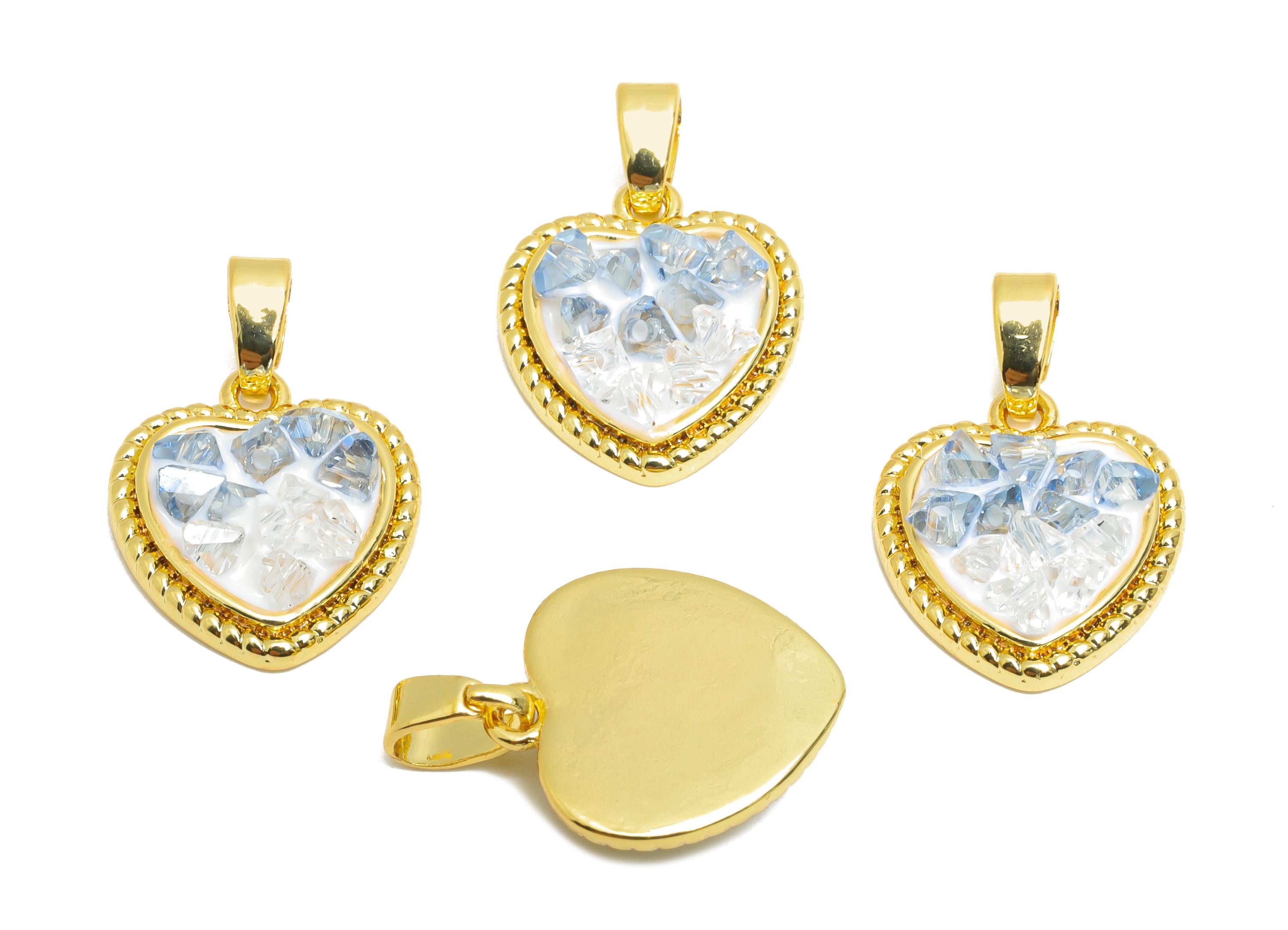 Brass Heart Pendant - Gold Textured Enamel CZ Pendant - Sparkling Necklace Jewelry DIY - 18K Real Gold-Plated - 14.3x12.56x3.78mm - RGP10684 - DOMEDBAZAAR