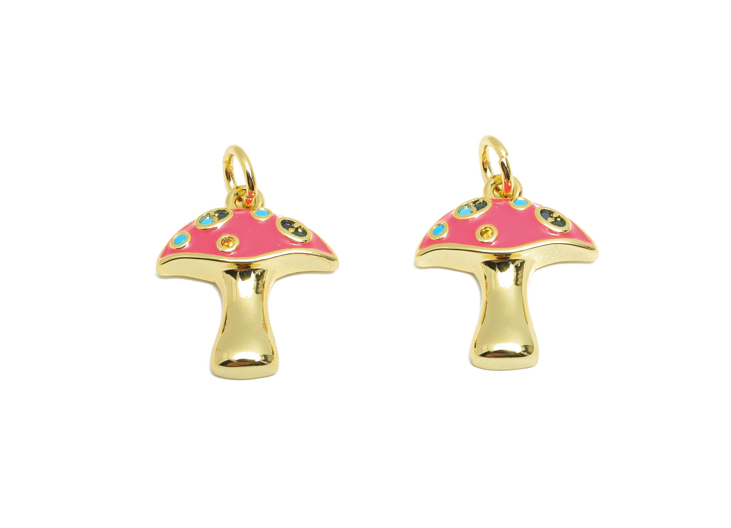 Brass Mushroom Pendant - Quirky Enamel CZ Nature Pendant - Statement Necklace Jewelry - 18K Real Gold-Plated - 16.25x13.7x3.63mm - RGP10561 - DOMEDBAZAAR