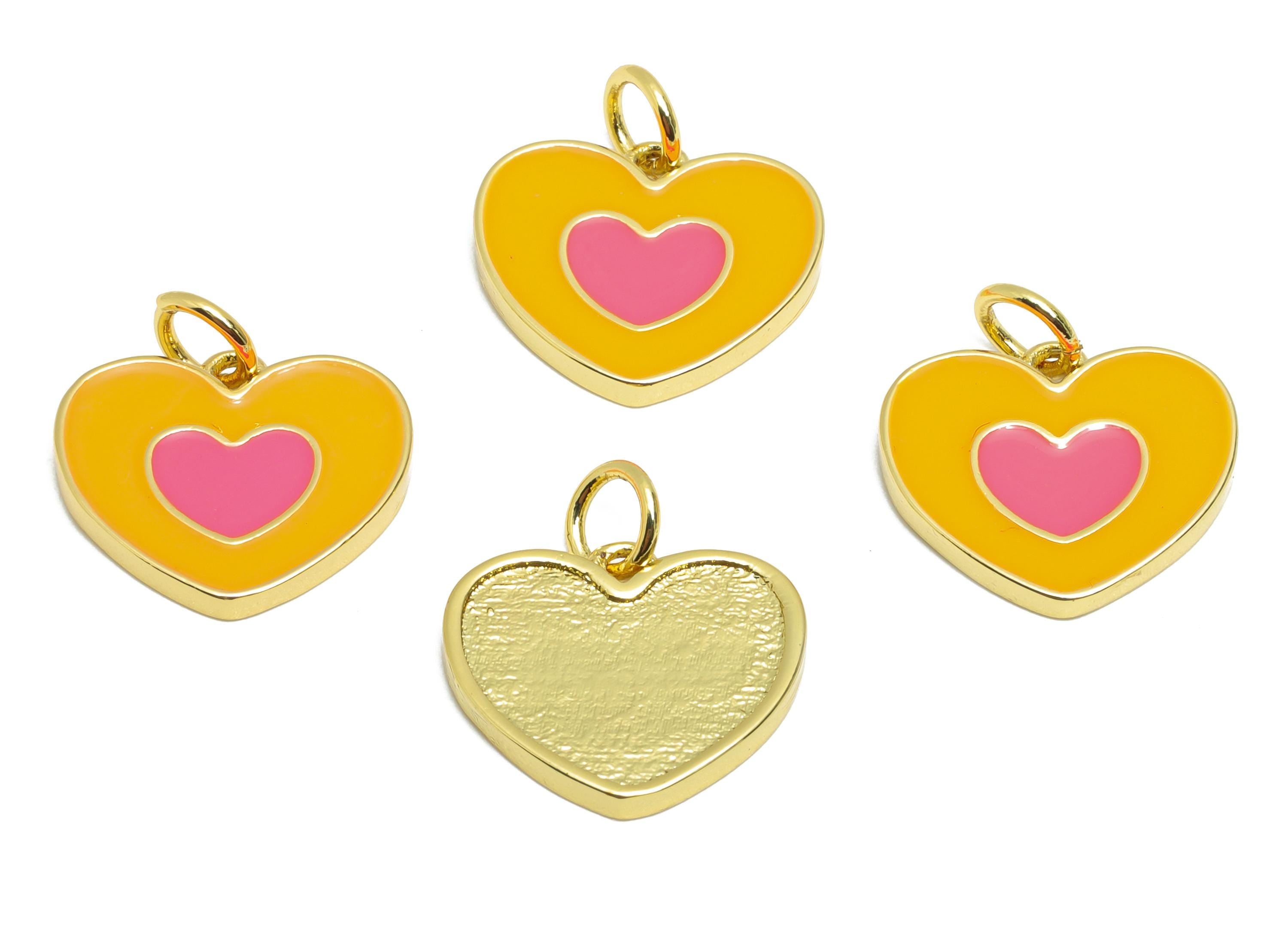 Modern Heart Pendant - Brass Colorful Enamel Heart Charm - Gold Framed Heart Pendant - 18K Real Gold Plated - 13.18x14.98x1.73mm - RGP10560 - DOMEDBAZAAR
