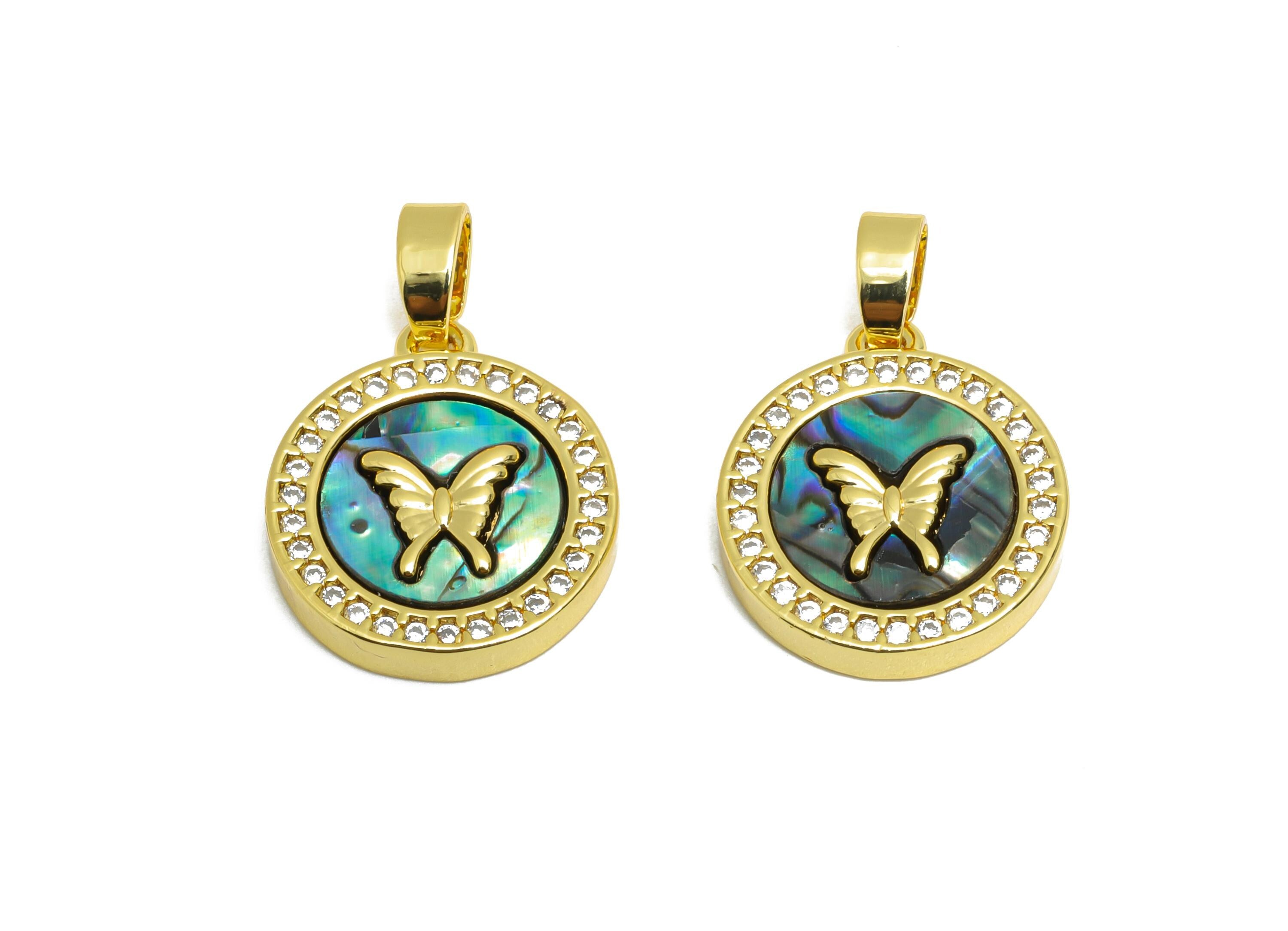 Brass Butterfly Pendant - Brass Abalone Shell Pendant - Luxe Shell Cubic Zircon Pendant - 18K Real Gold Plated - 16.18x14x3mm - RGP10660 - DOMEDBAZAAR