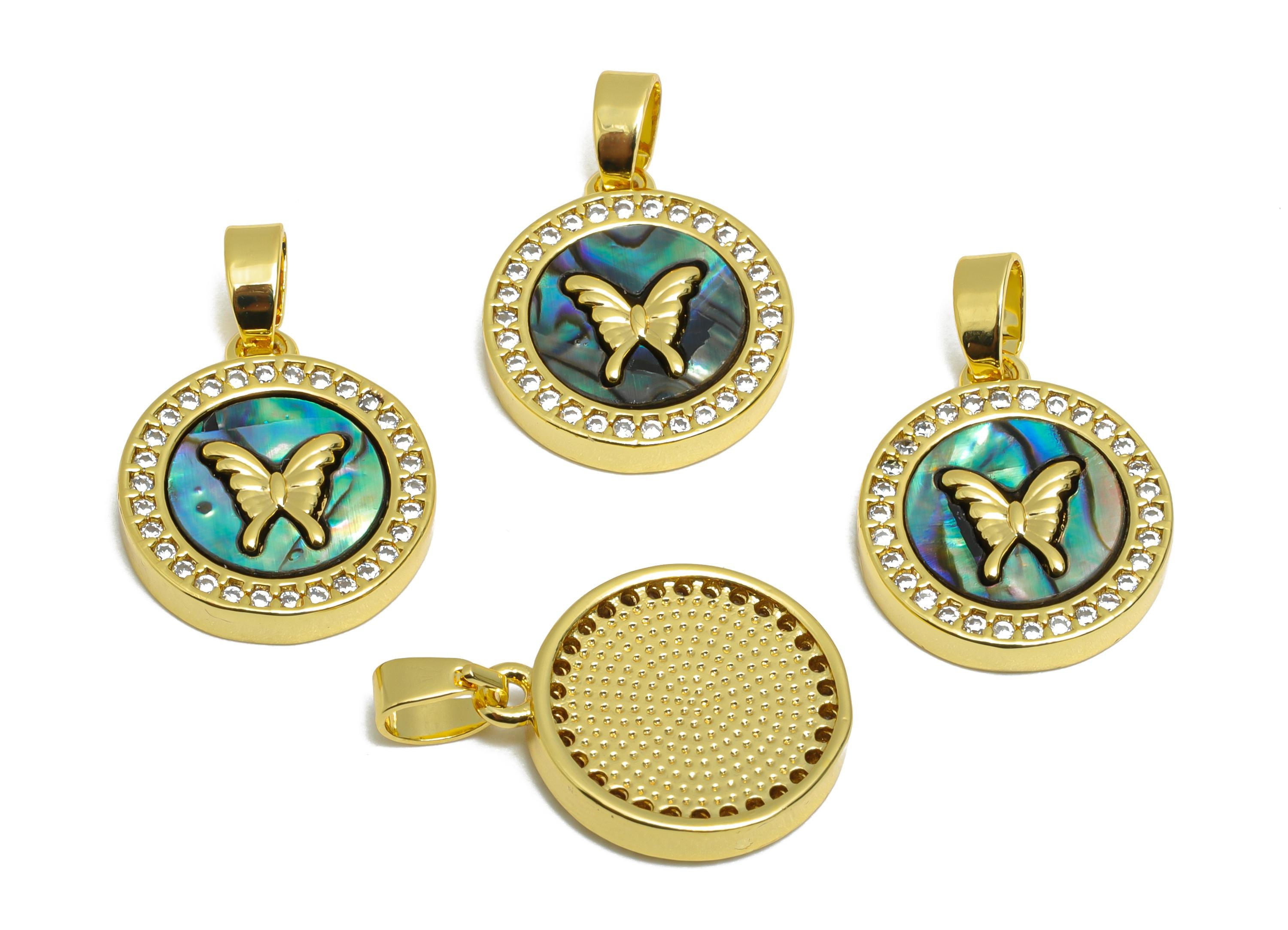 Brass Butterfly Pendant - Brass Abalone Shell Pendant - Luxe Shell Cubic Zircon Pendant - 18K Real Gold Plated - 16.18x14x3mm - RGP10660 - DOMEDBAZAAR