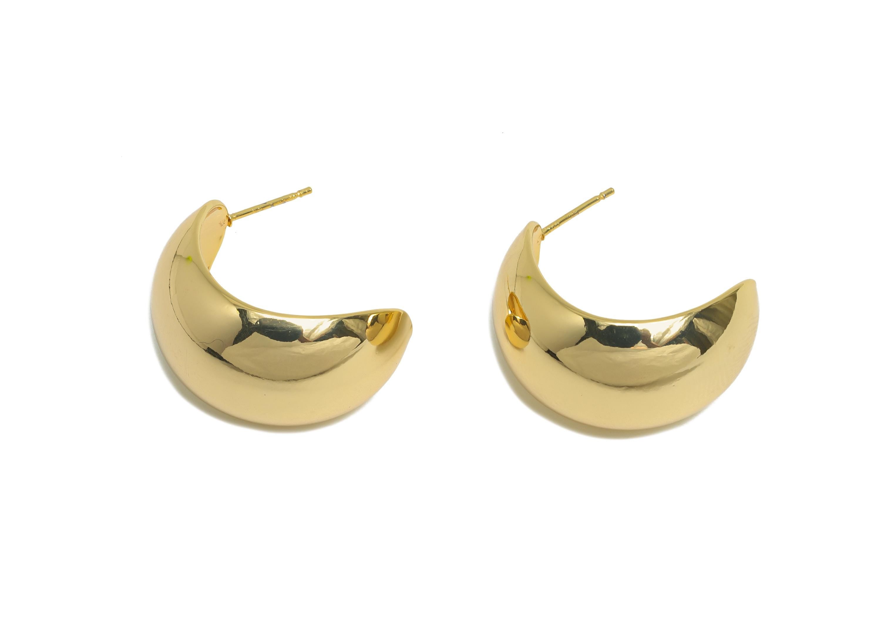 Gold Crescent Hoop Earring - Brass Bold Crescent Earring Stud - Chunky Crescent Earring Post - 18K Real Gold Plated - 25.5x18x15mm - RGP9521 - DOMEDBAZAAR