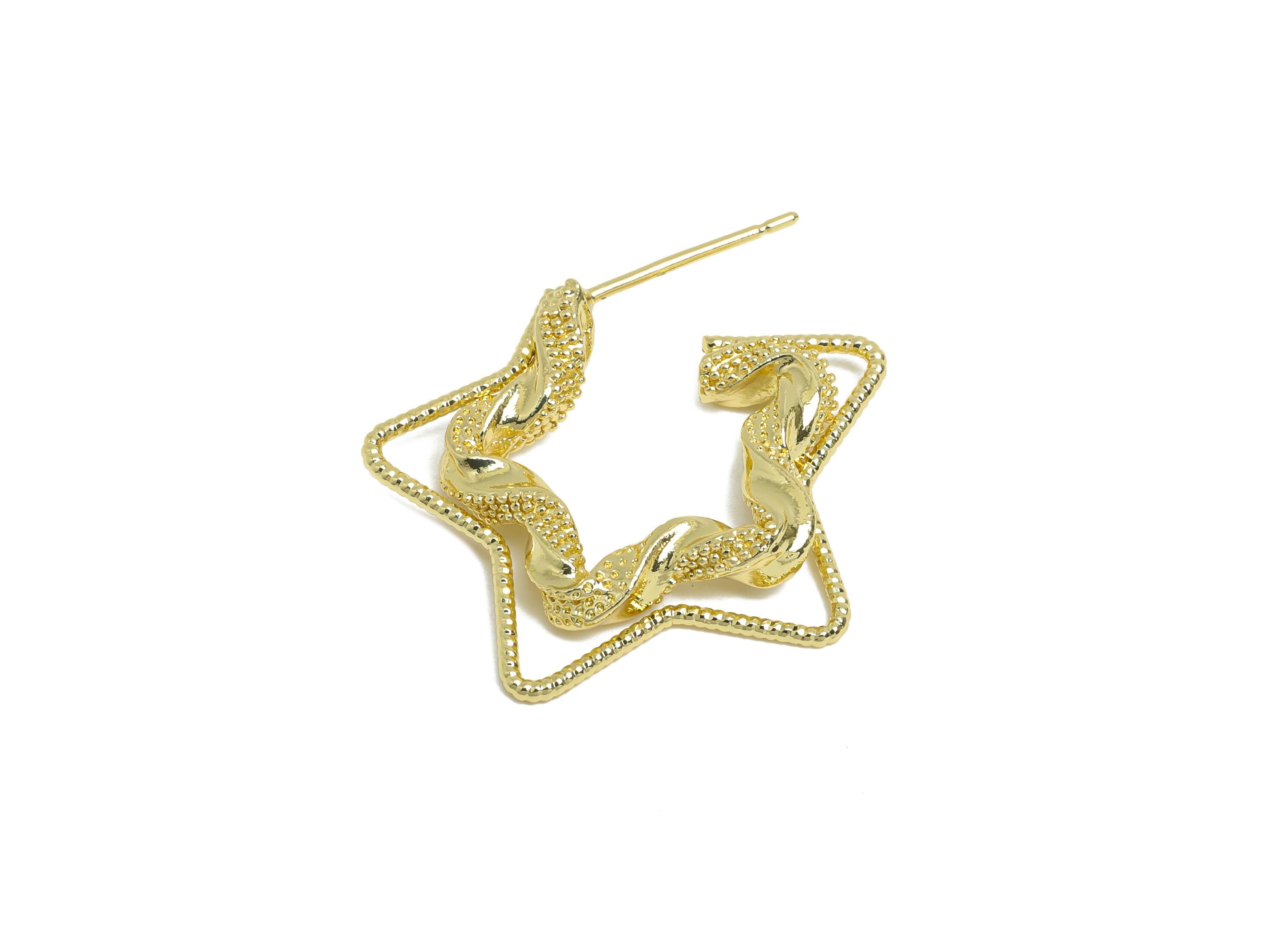 Brass Star Hoop Earring Stud - Gold Twisted Star Earrings Post - Geometric Textured Earrings - 14K Real Gold-Plated -26x21x4mm - RGP9518-14 - DOMEDBAZAAR