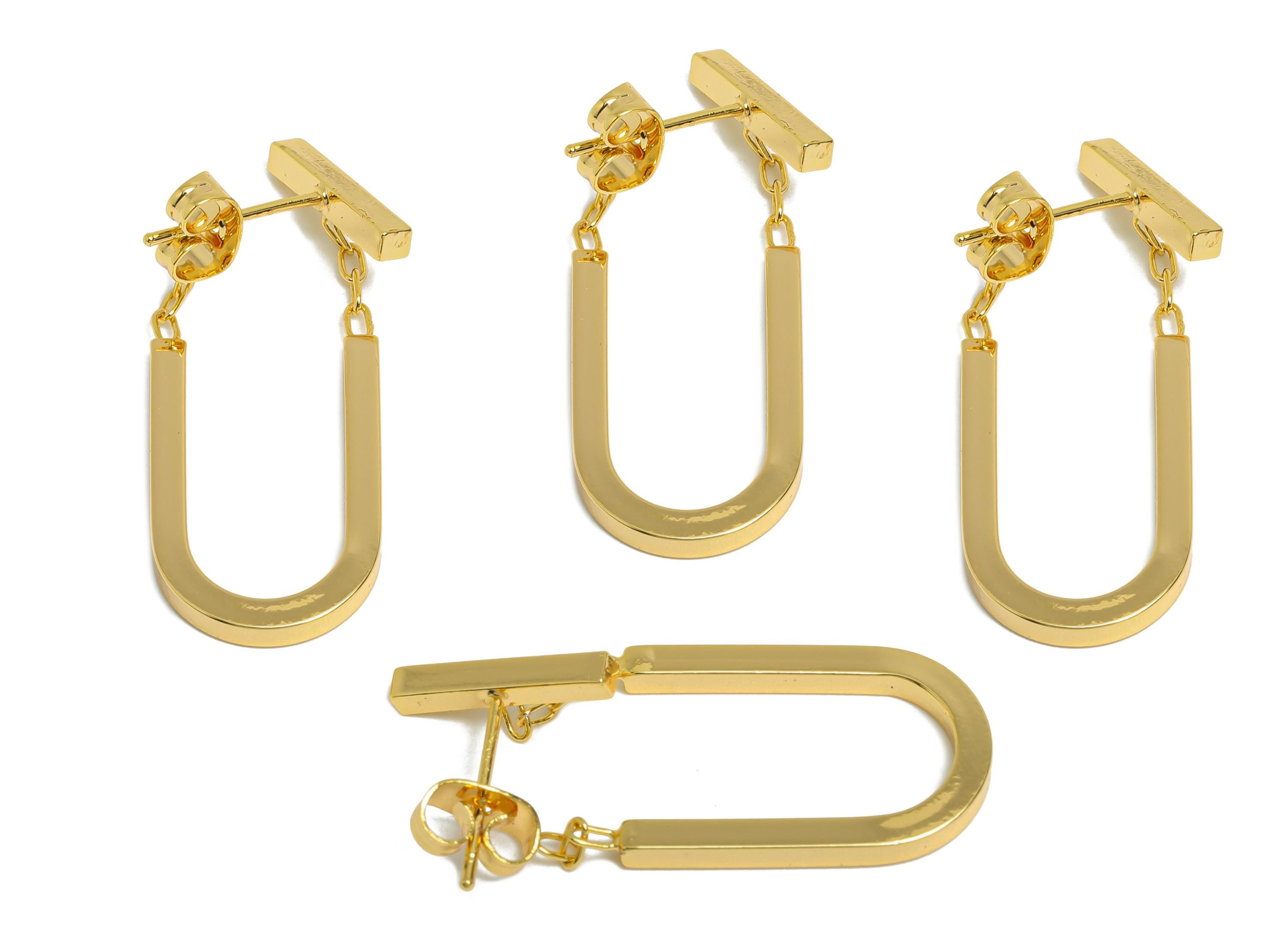 Brass Dangle U-Shaped Earring - Elegant Gold Earring Stud - Geometric U-Shaped Ear Jacket - 18K Real Gold-Plated Brass - 30x13x2mm - RGP9510 - DOMEDBAZAAR