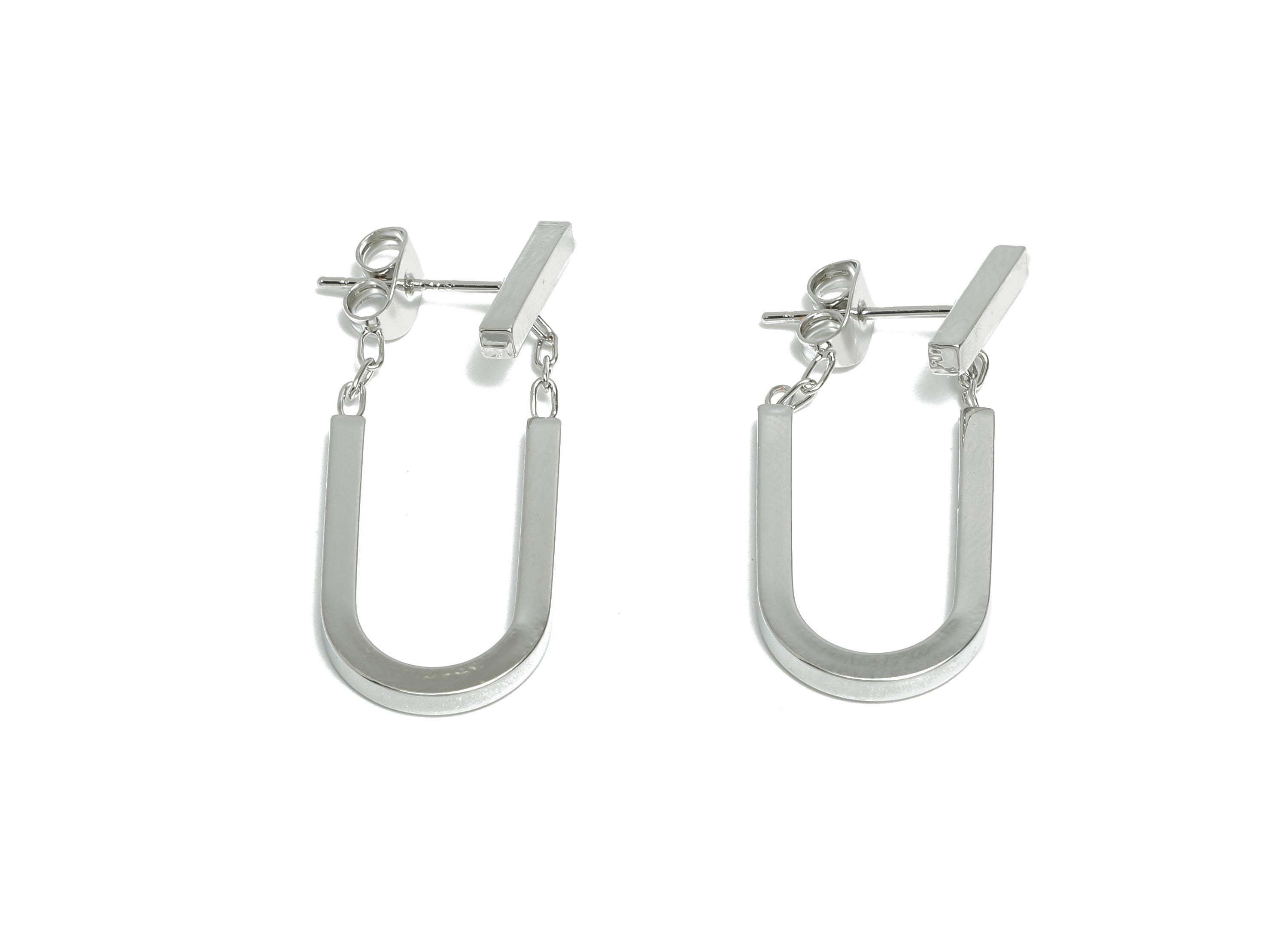 Brass Dangle U-Shaped Earring - Elegant Silver Earring Stud - Geometric U-Shaped Ear Jacket - 18K White Gold-Plated - 30x13x2mm - RGP9510S - DOMEDBAZAAR