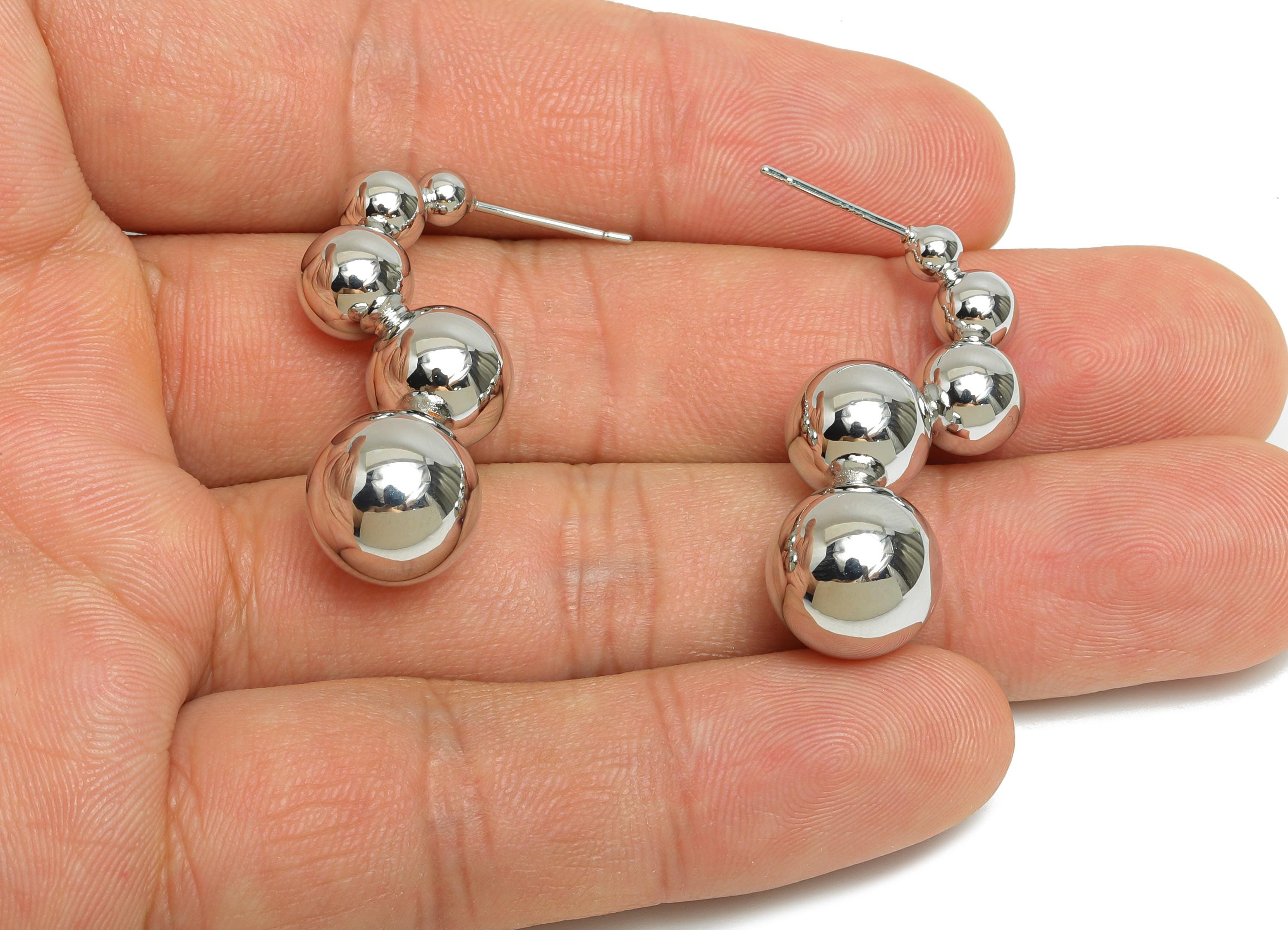 Silver Ball Cluster Earring Stud - Brass Bold Bubble Earring Post - Geometric Cluster Jewelry - 18K White Gold Plated -33x14x11.6mm-RGP9515S - DOMEDBAZAAR