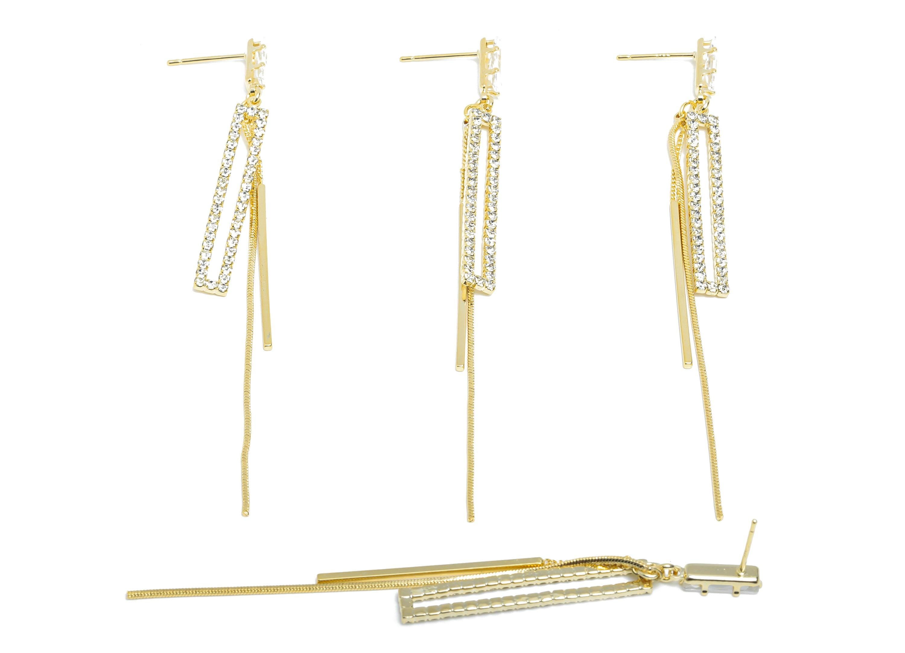 Brass Dangle Tassel Stud - Gold Rectangle Bar Earring Post - Snake Chian Zircon Earring Post - 18K Real Gold Plated - 85x5.15x0.79mm-RGP9598 - DOMEDBAZAAR