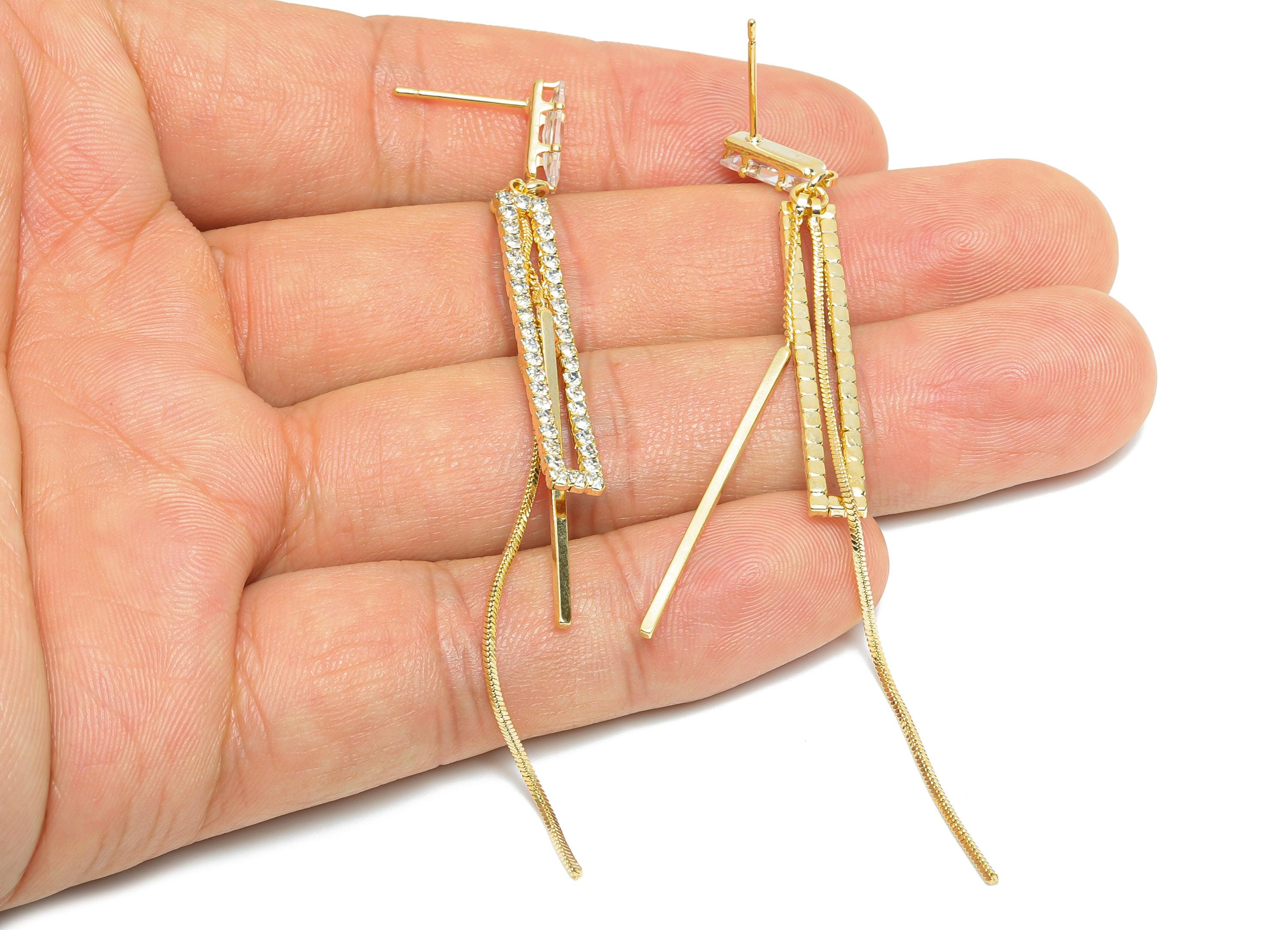 Brass Dangle Tassel Stud - Gold Rectangle Bar Earring Post - Snake Chian Zircon Earring Post - 18K Real Gold Plated - 85x5.15x0.79mm-RGP9598 - DOMEDBAZAAR