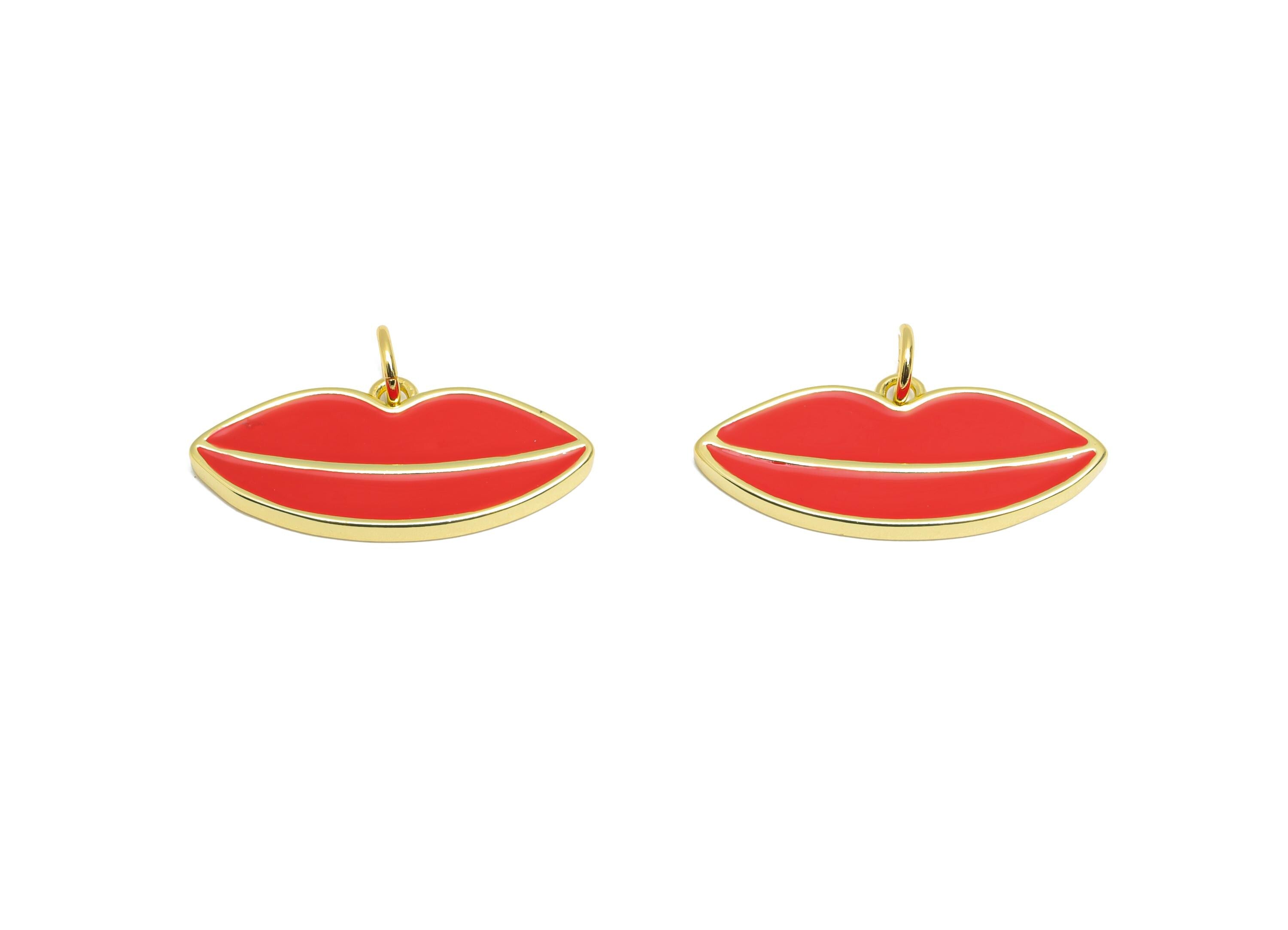 Brass Red Lips Bracelet Charm - Statement Enamel Kiss Charm - Lip Jewelry Accessories - 18K Real Gold-Plated - 24.16x10.86x1.81mm - RGP10546 - DOMEDBAZAAR