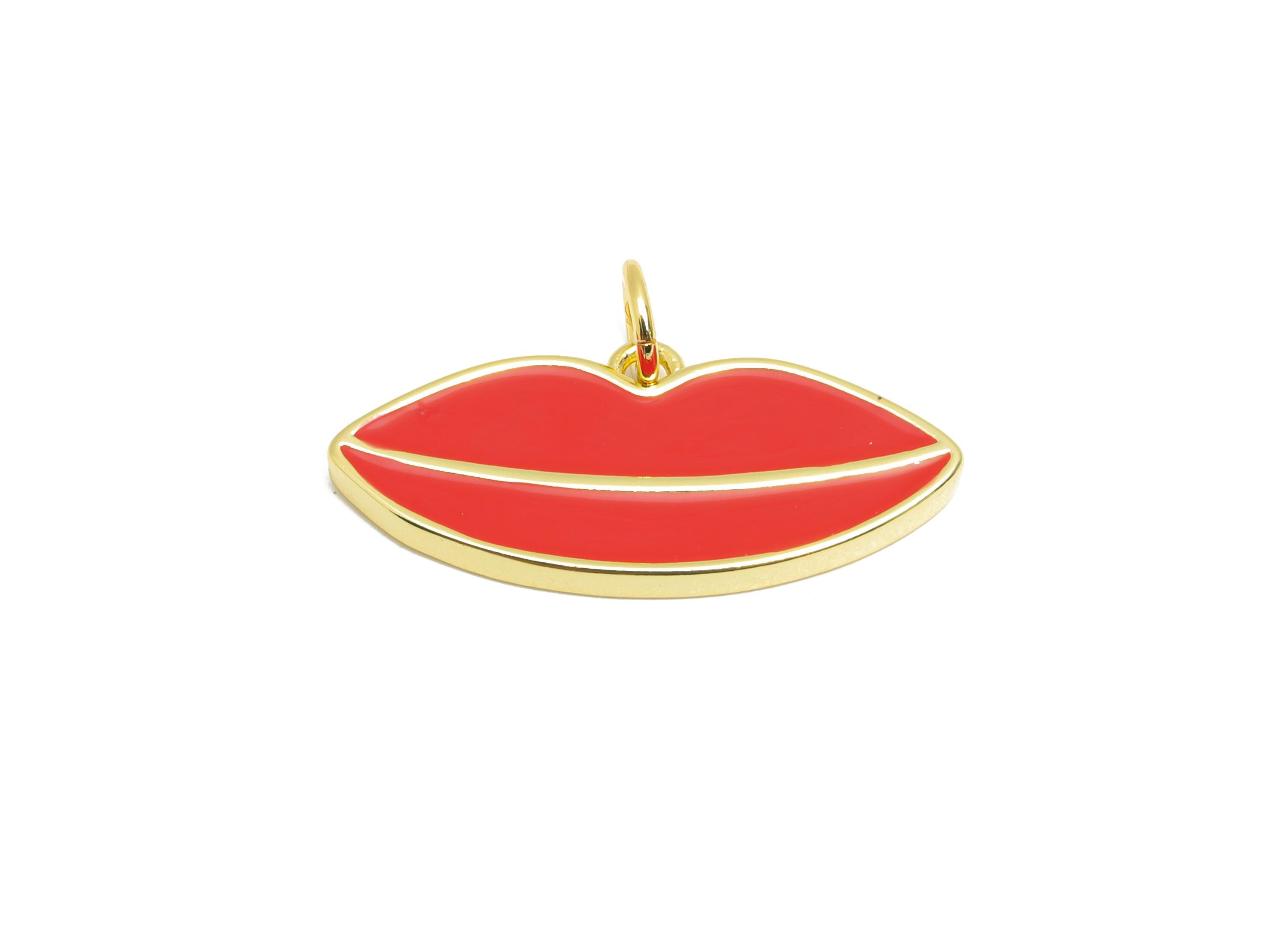 Brass Red Lips Bracelet Charm - Statement Enamel Kiss Charm - Lip Jewelry Accessories - 18K Real Gold-Plated - 24.16x10.86x1.81mm - RGP10546 - DOMEDBAZAAR