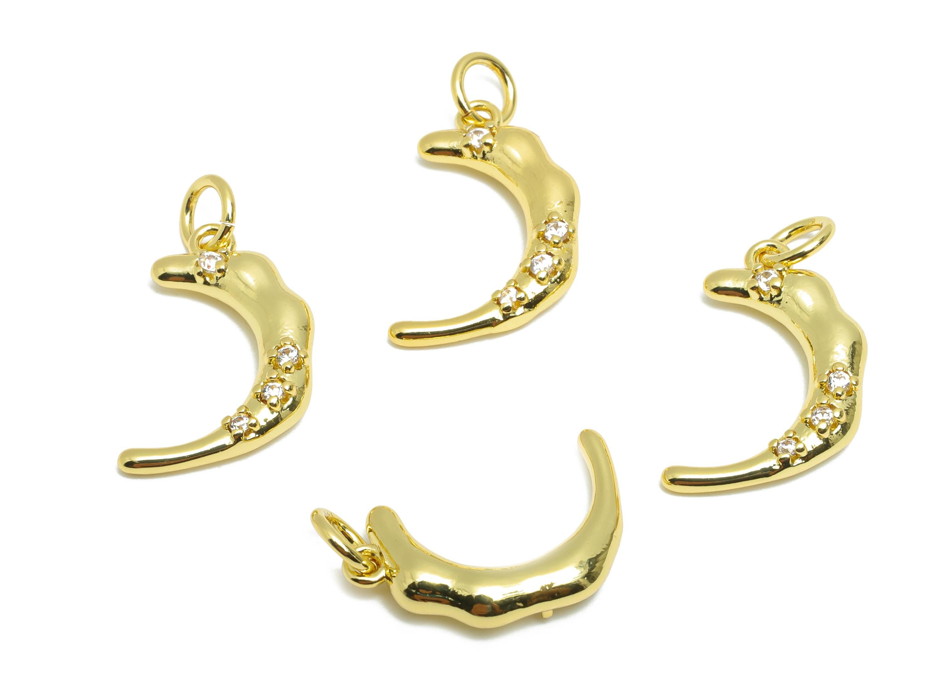 Brass Crescent Bracelet Charm - Sparkling Zircon Moon Charm - Textured Jewelry Accessories - 18K Real Gold Plated - 14.6x9x3.46mm -RGP10590 - DOMEDBAZAAR