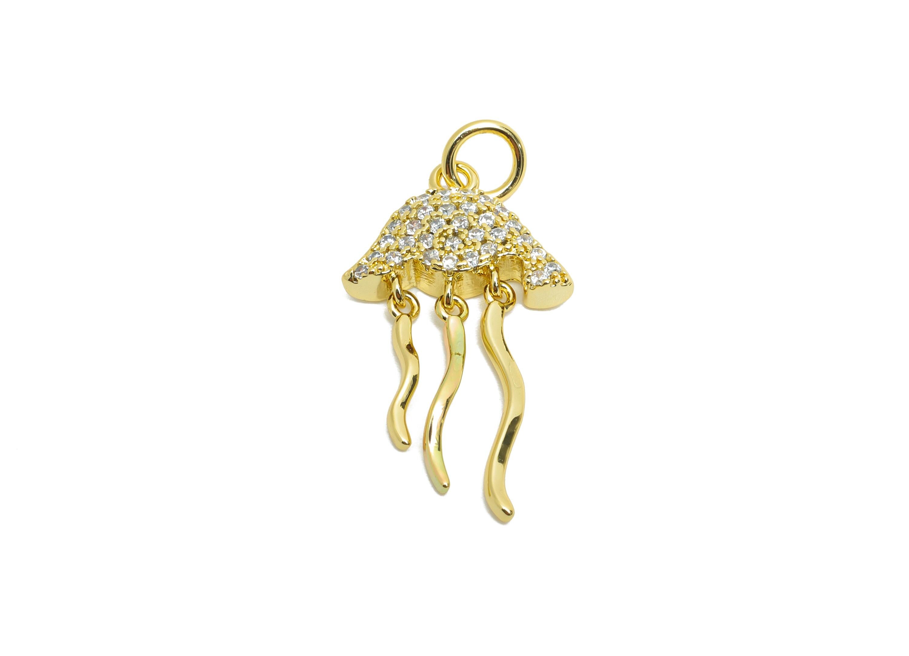 Brass Jellyfish Charm - Brass Dainty Dangle Cubic Zircon Charm - Gold Ocean Earring Charm - 18K Real Gold Plated - 22x12x3.18mm - RGP10578 - DOMEDBAZAAR