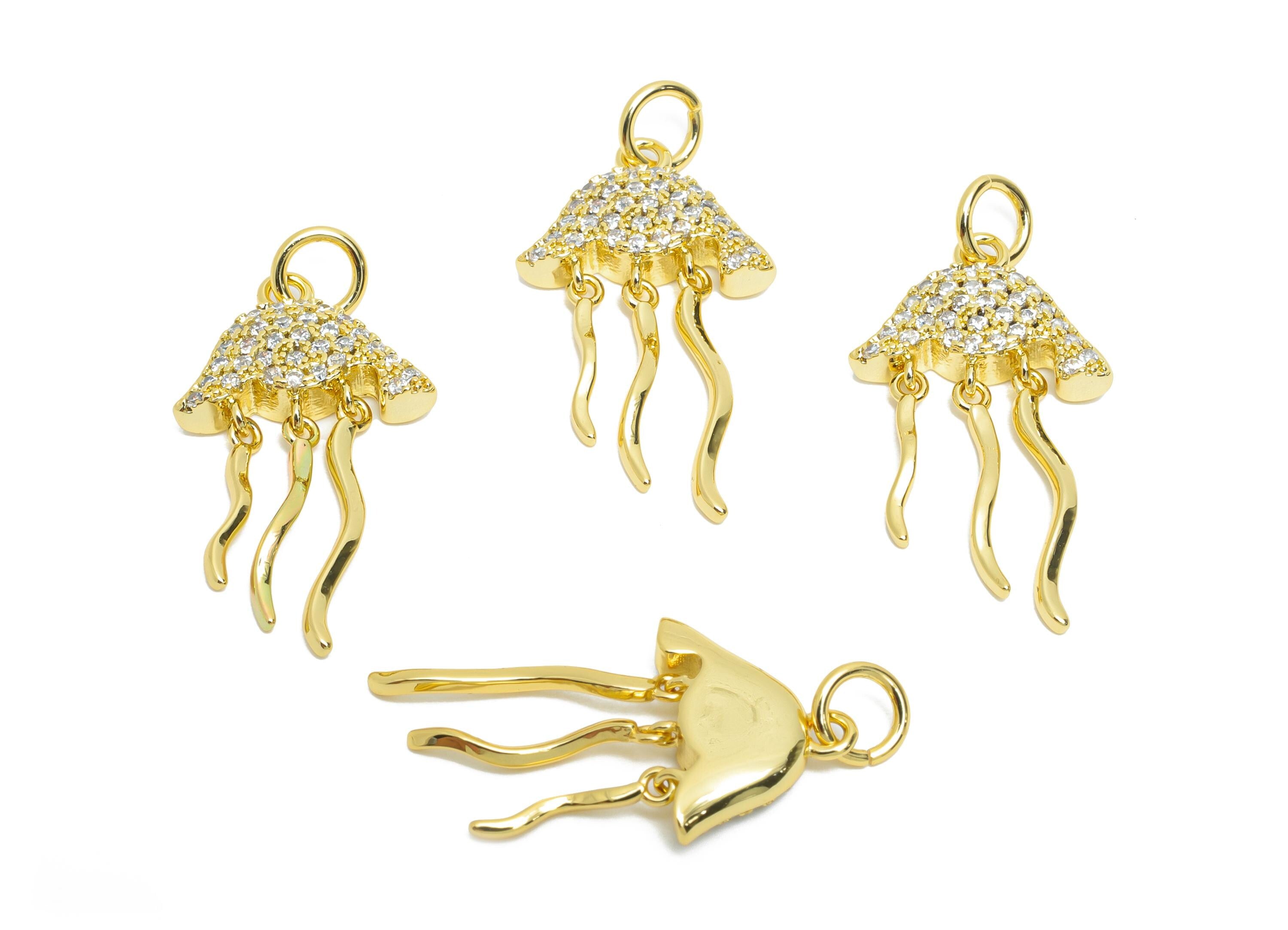 Brass Jellyfish Charm - Brass Dainty Dangle Cubic Zircon Charm - Gold Ocean Earring Charm - 18K Real Gold Plated - 22x12x3.18mm - RGP10578 - DOMEDBAZAAR