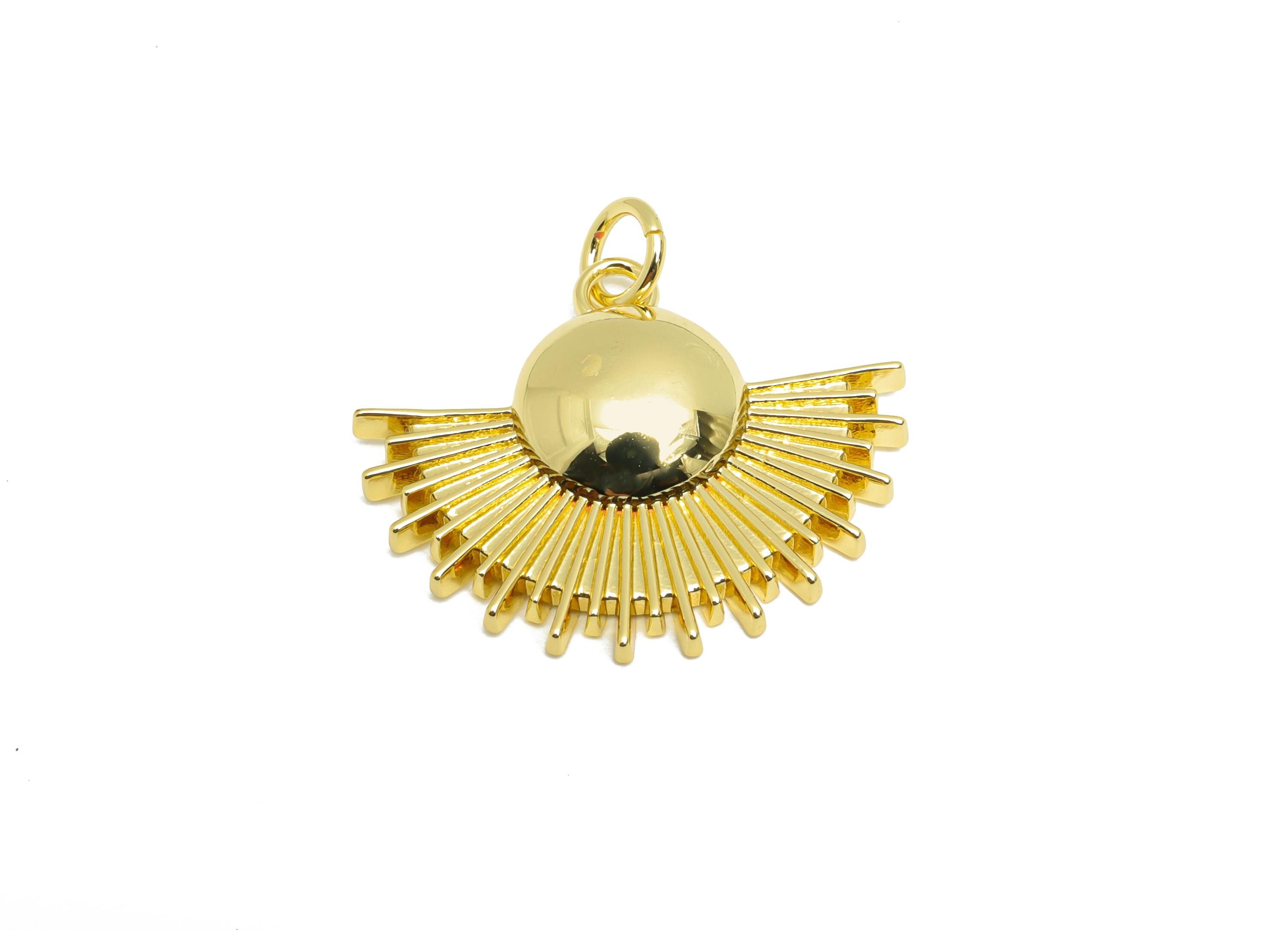 Brass Fan CZ Charm - Brass Dainty Modern Sunshine Charm - Brass Gold Earring Charm - 18K Real Gold Plated - 19.17x23x4.21mm - RGP10547 - DOMEDBAZAAR