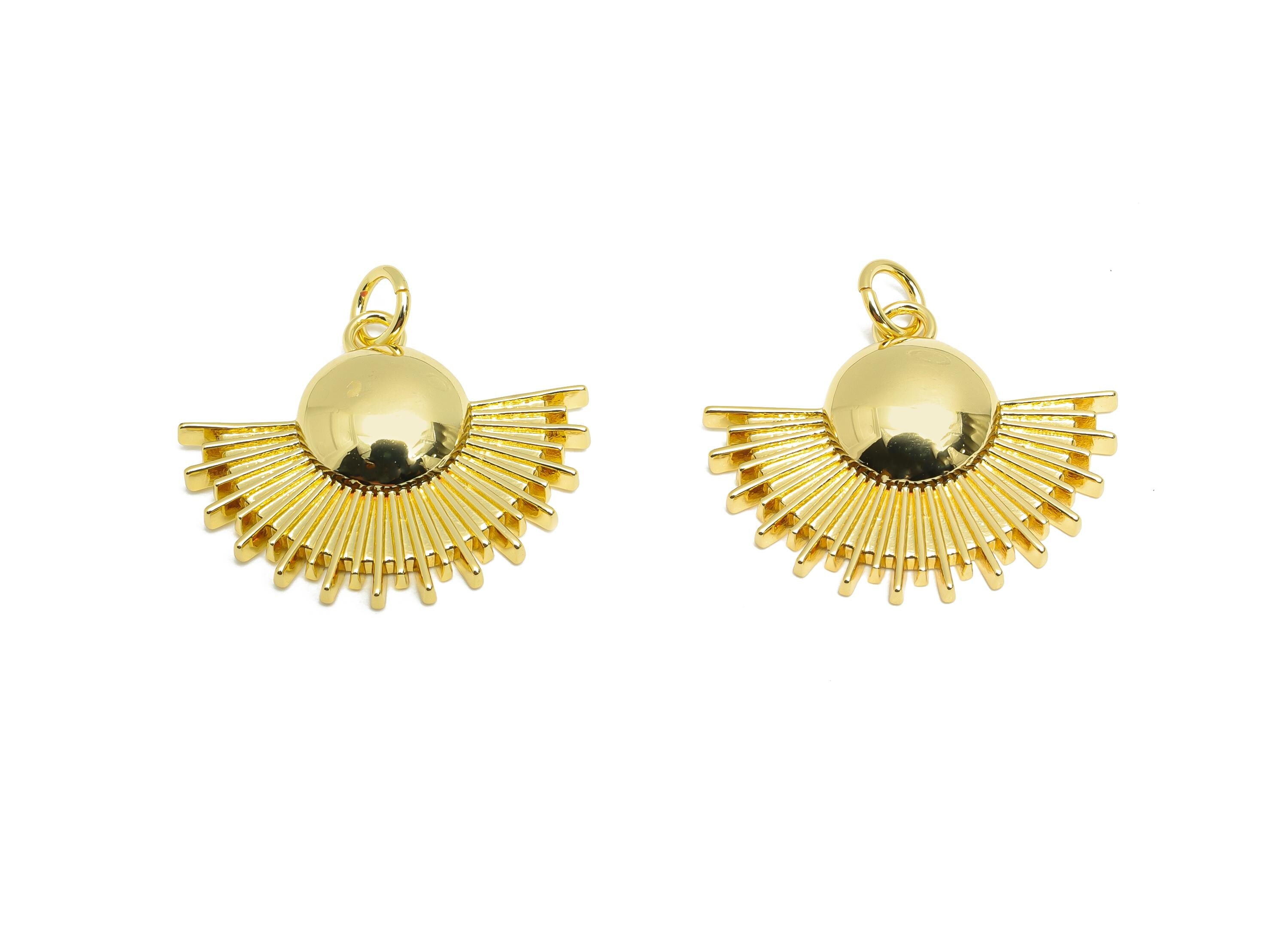Brass Fan CZ Charm - Brass Dainty Modern Sunshine Charm - Brass Gold Earring Charm - 18K Real Gold Plated - 19.17x23x4.21mm - RGP10547 - DOMEDBAZAAR
