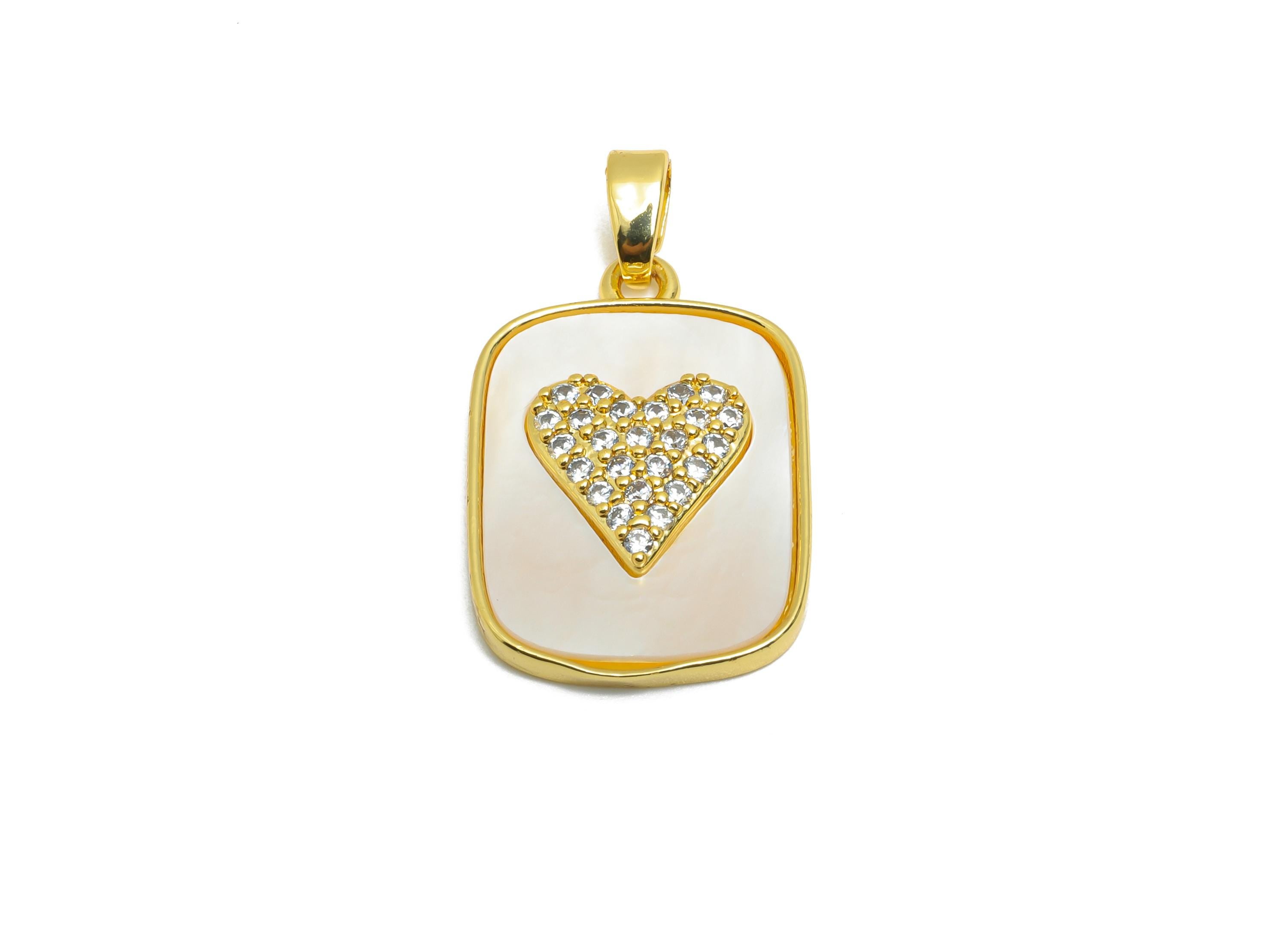 Rectangle Shell Pendant - Gold Textured CZ Heart Pendant - Romantic Necklace Jewelry - 18K Real Gold Plated - 21.13x14.77x3.24mm - RGP10664 - DOMEDBAZAAR
