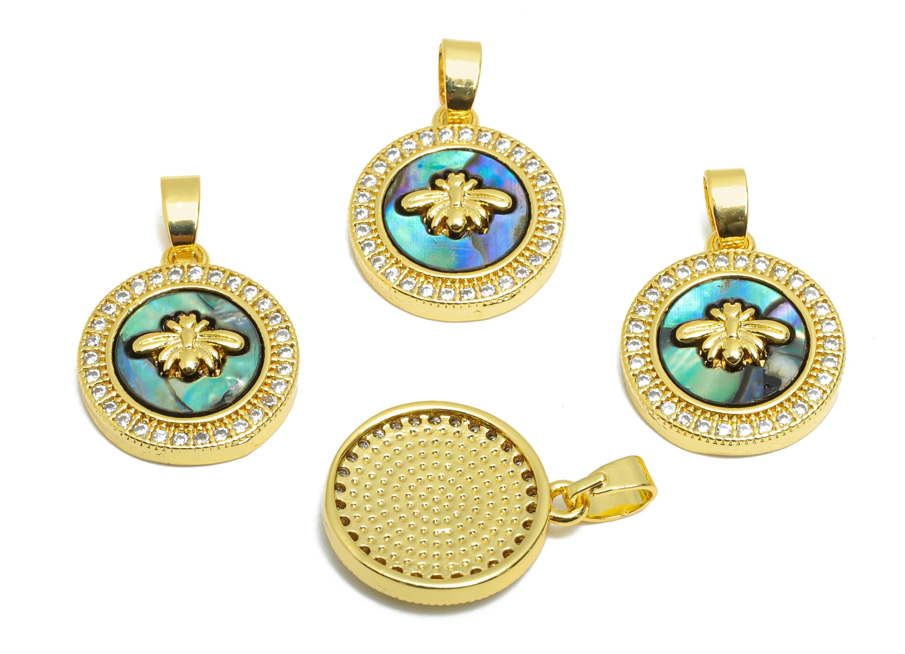 Shell Bee Pendant - Brass Zircon Abalone Shell Circle Pendant  - Dainty Gold Luxury Jewelry - 18K Real Gold Plated - 16x14x3.16mm - RGP10666 - DOMEDBAZAAR