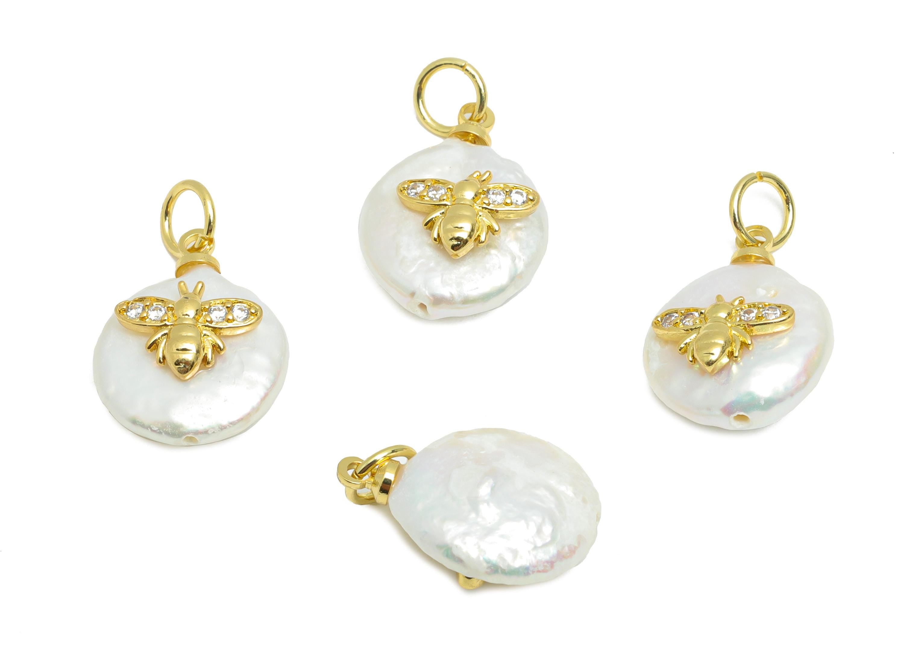 Pearl Bee Bracelet Charm - Brass Zircon Pearl Charm - Dainty Gold Minimalism Jewelry - 18K Real Gold Plated - 15.16x11.61x5.94mm - RGP10562 - DOMEDBAZAAR
