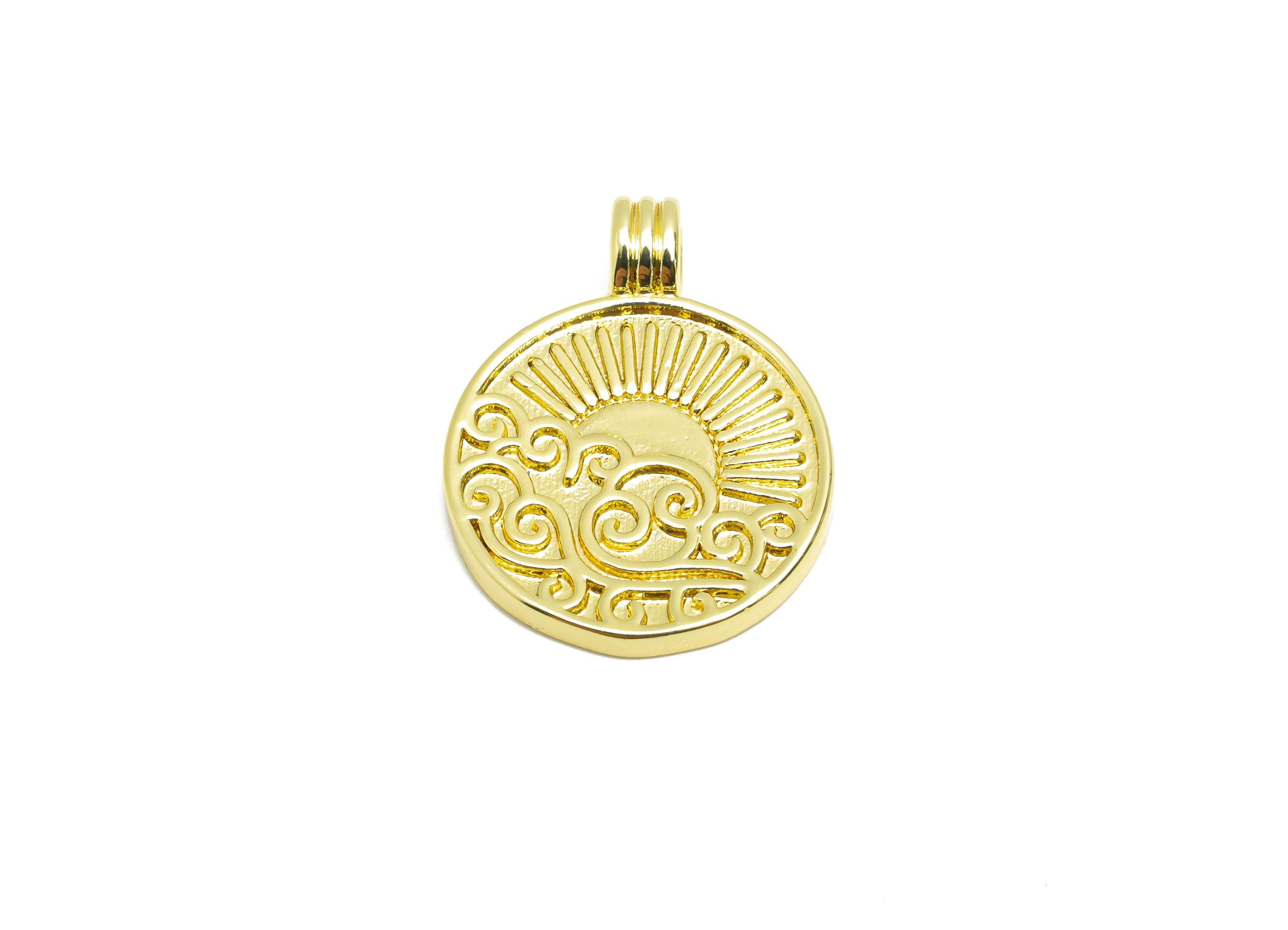 Brass Sunshine Pendant - Brass Sunrise Over the Sea Pendant - Dainty Gold Engraved Jewelry - 18K Real Gold Plated - 23x17x2.1mm - RGP10568 - DOMEDBAZAAR