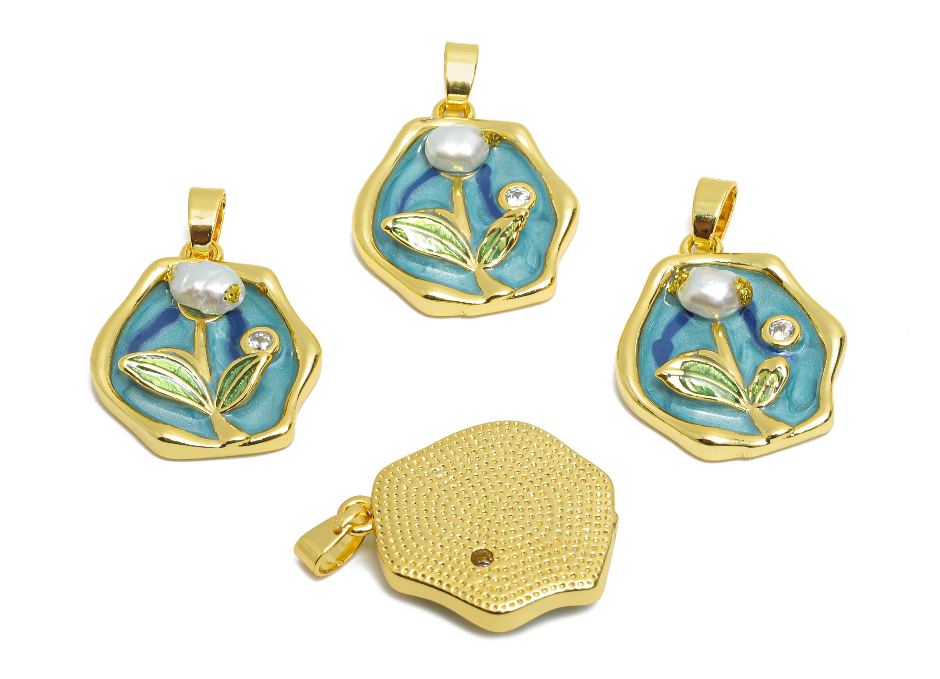 Brass Floral Pendant - Brass Enamel Handcrafted Look With Pearl Pendant - Artistic Gold Jewelry - 18K Real Gold Plated - 19x16x4mm- RGP10655 - DOMEDBAZAAR