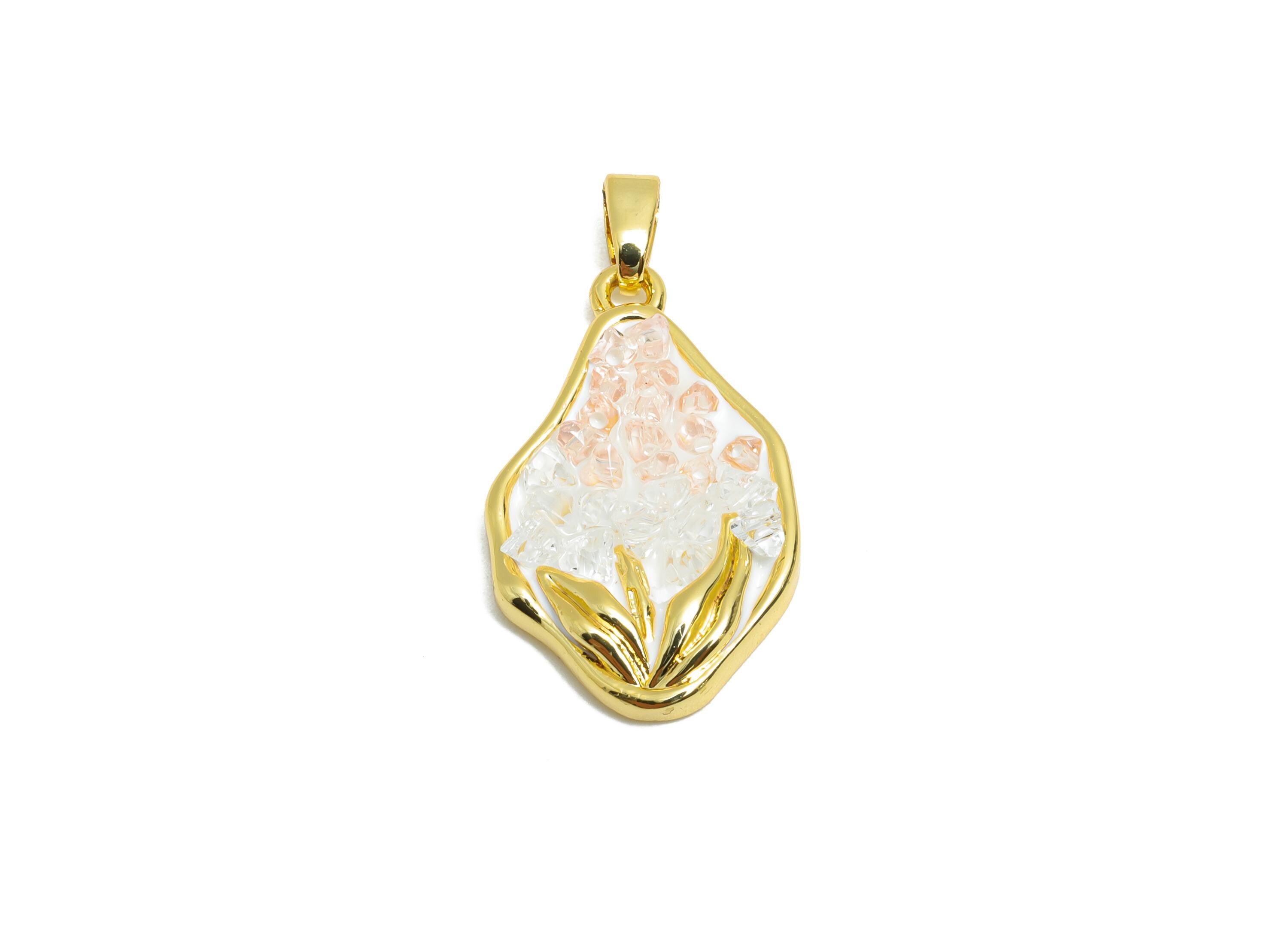 Brass Abstract Floral Pendant - Sparking Gold Crystals Pendant - Rose Quartz Enamel Jewelry - 18K Real Gold Plated - 23x14x4mm - RGP10656 - DOMEDBAZAAR